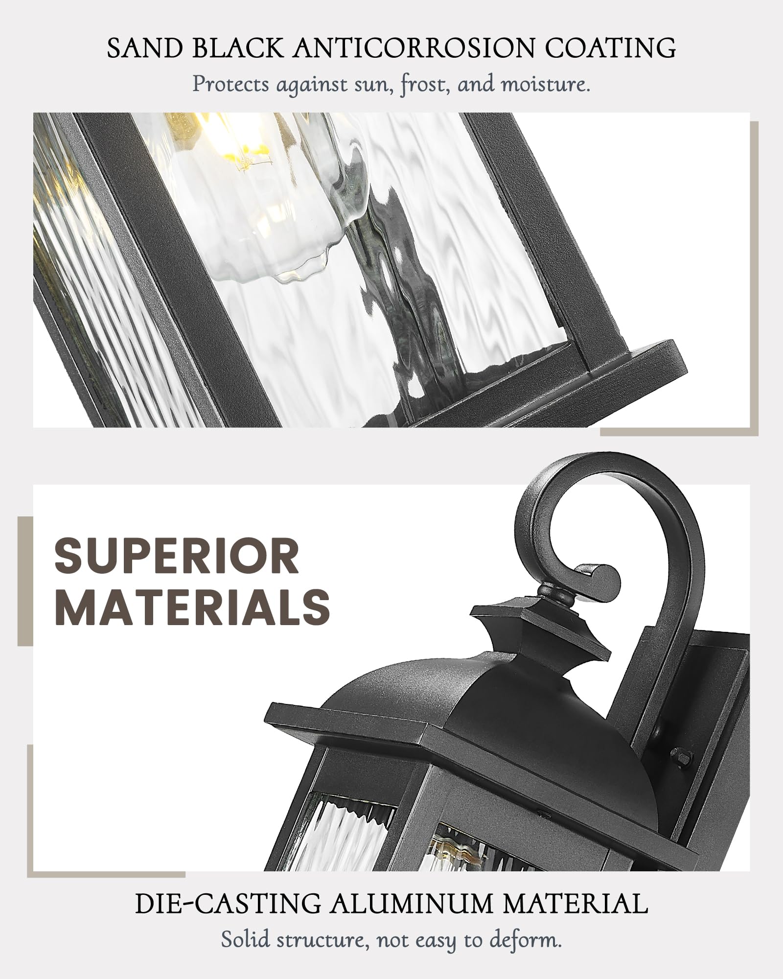 FEMILA Outdoor Waterproof Wall Lights, 15" Matte Black Lantern, 2 Pack, Anti-Rust with Water Ripple Glass, Model 4FD54B-2PK BK-WP