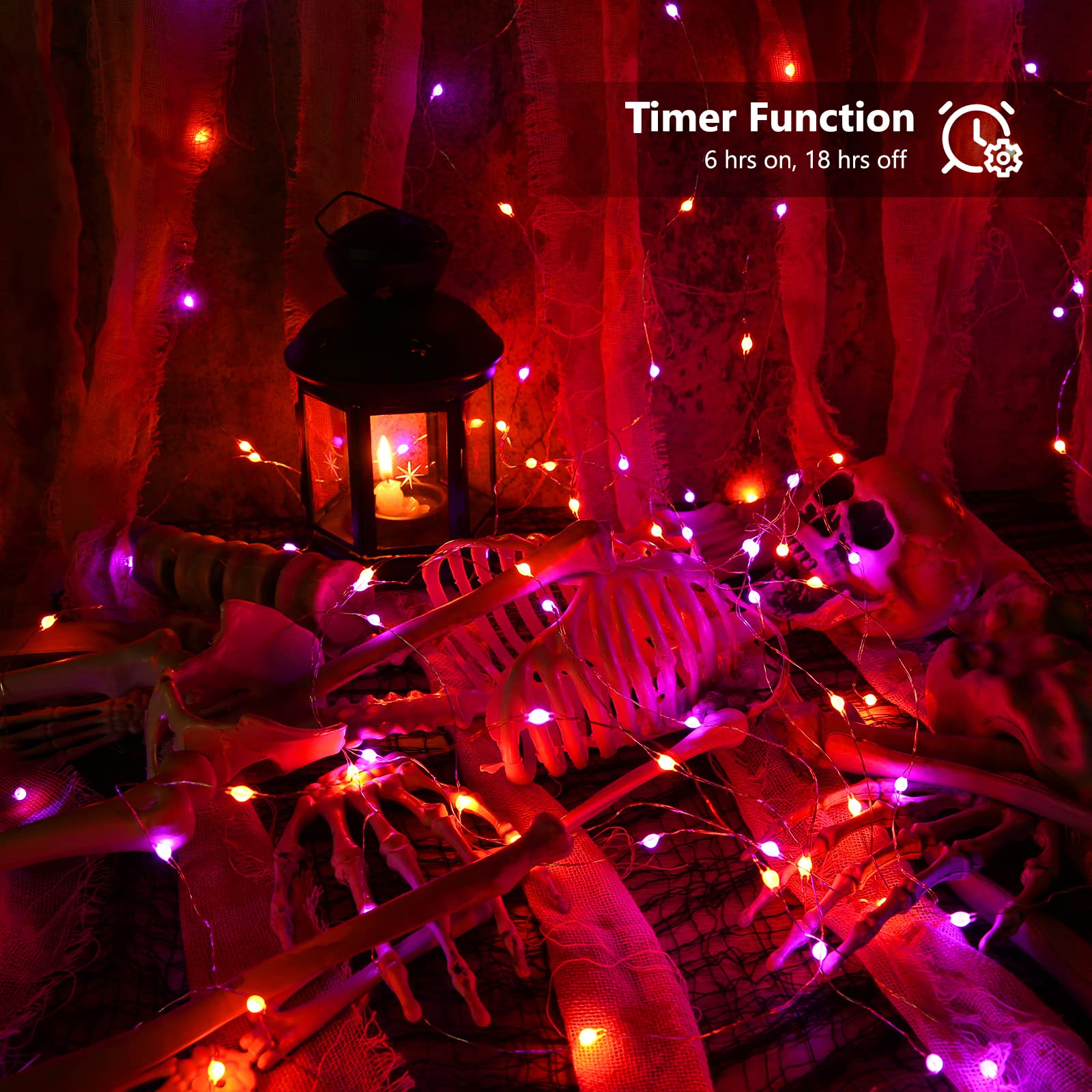 BrizLabs Halloween String Lights, 2 Pack 50 LED, 17.48ft, Waterproof, Purple & Orange, 8 Modes with Remote