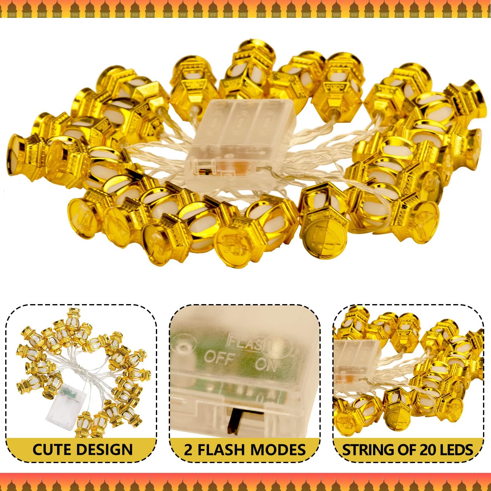 Svepndic 9.8Ft 20Leds Ramadan Eid String-Lights Mubarak Islam Decorative Leds Strings Lights Indoor Outdoor Home Decoration For Muslim Islamic Home Garden Decor (Lantern)