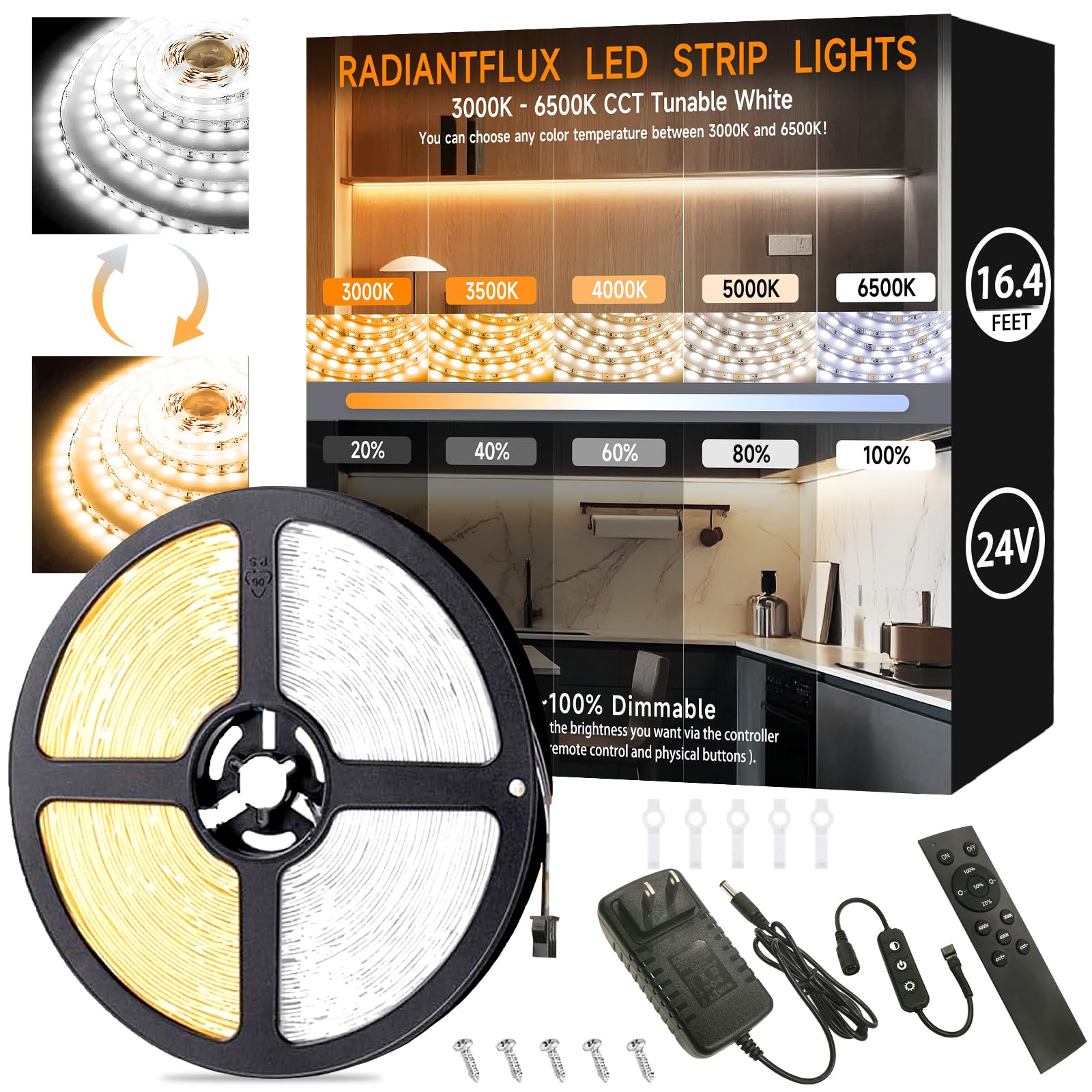 16.4Ft Dimmable White Led Strip Light Kit  Dimmable 3000K-6500K  24V Strip Lights With Remote Control  Flexible Led Strip Light  Eye Protection For Bedroom  Home Lighting  Mirror  Kitchen  Bar Cabinet
