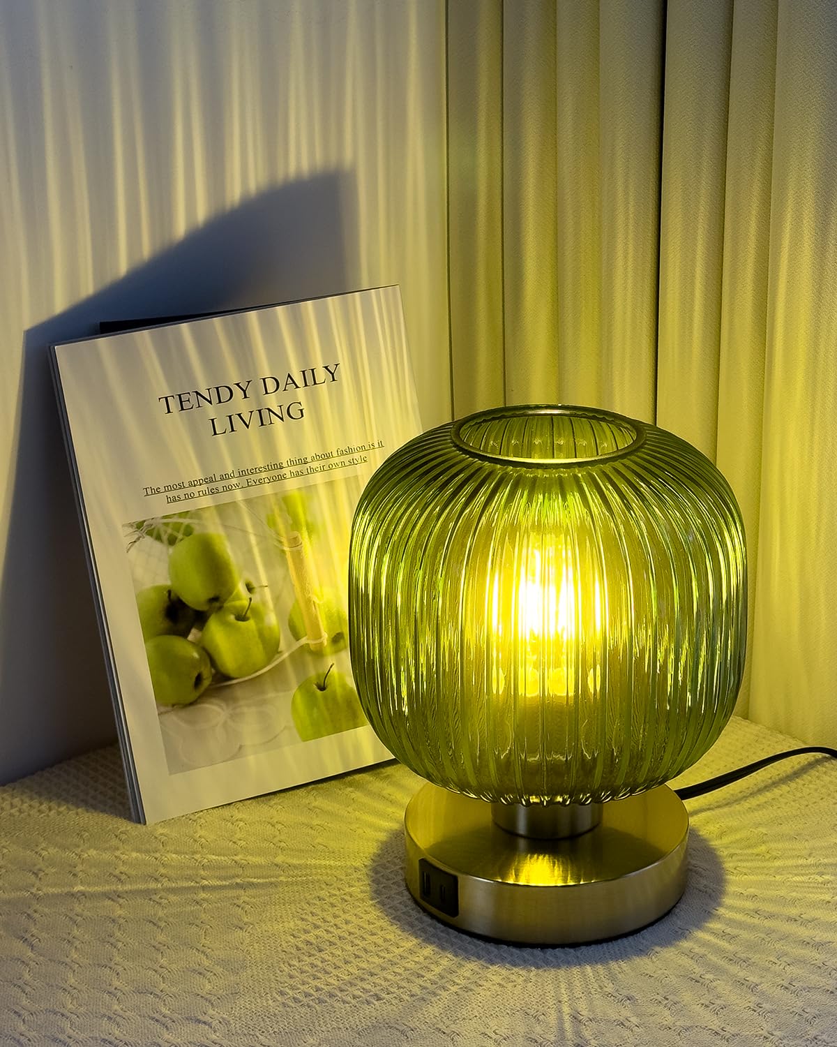 Elenhome Elegant Green Glass Touch Table Lamp - 3 Way Dimmable, USB Charging Ports, 1 Pack, Model WN-CL05