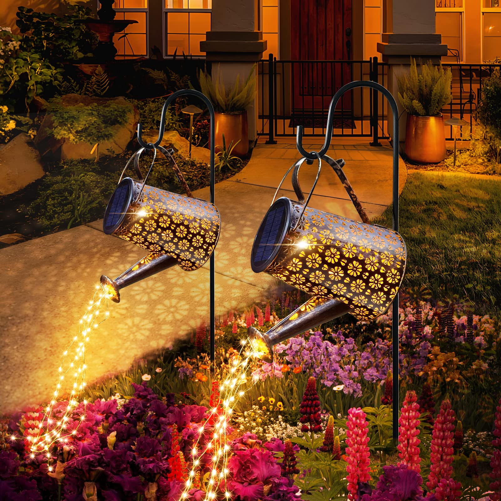 Outdoor Solar Watering Can With Lights Garden Decor Large Solar Powered Lanterns Hanging Waterproof Led Decorative Retro Metal Kettle String Lights For Table Yard Pathway Walkway Gardening Gifts