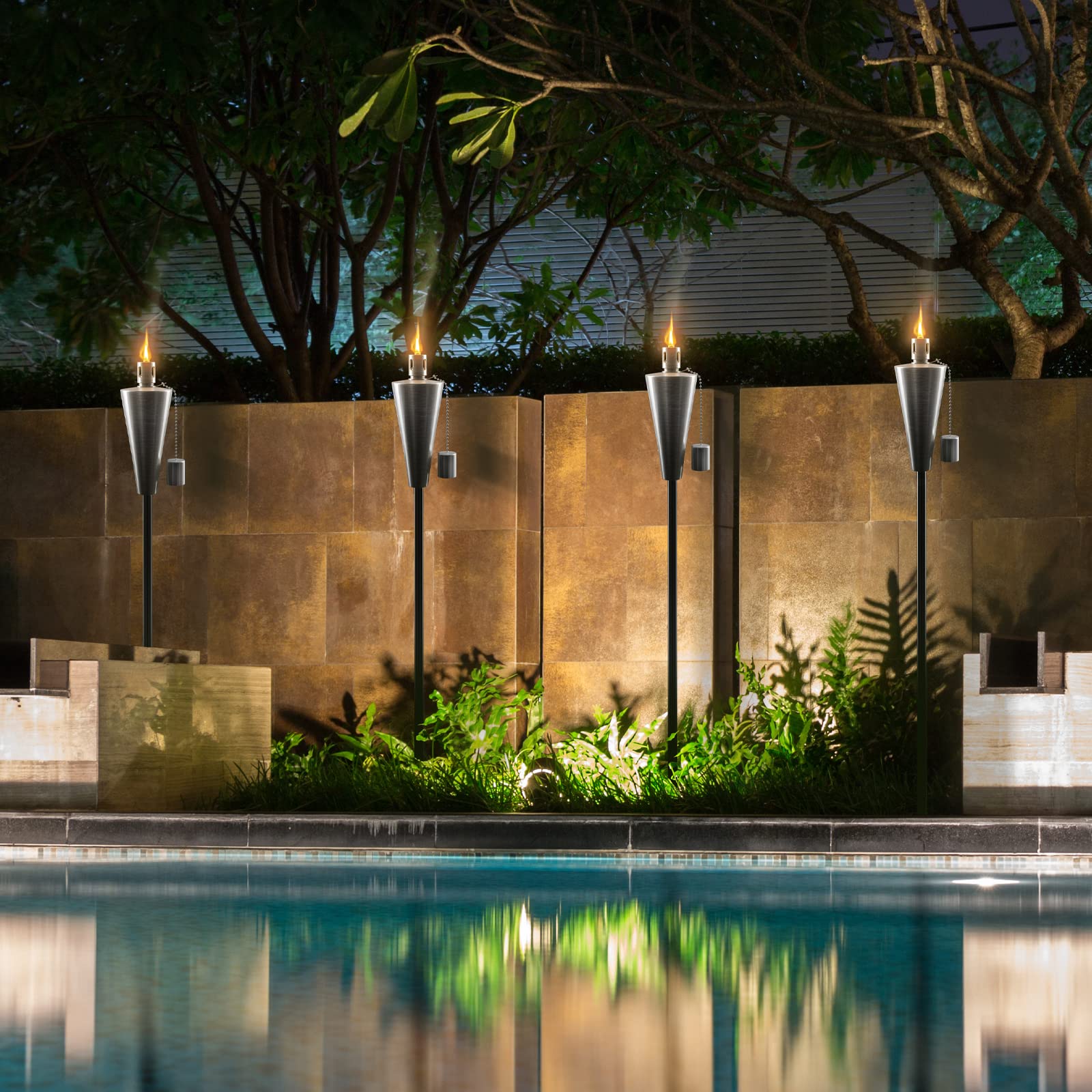 Matney Stainless Steel Tiki Torches Set of 4 - 5 ft Outdoor Oil Lamp with Fiberglass Wick & Snuffer Cap for Garden & Patio