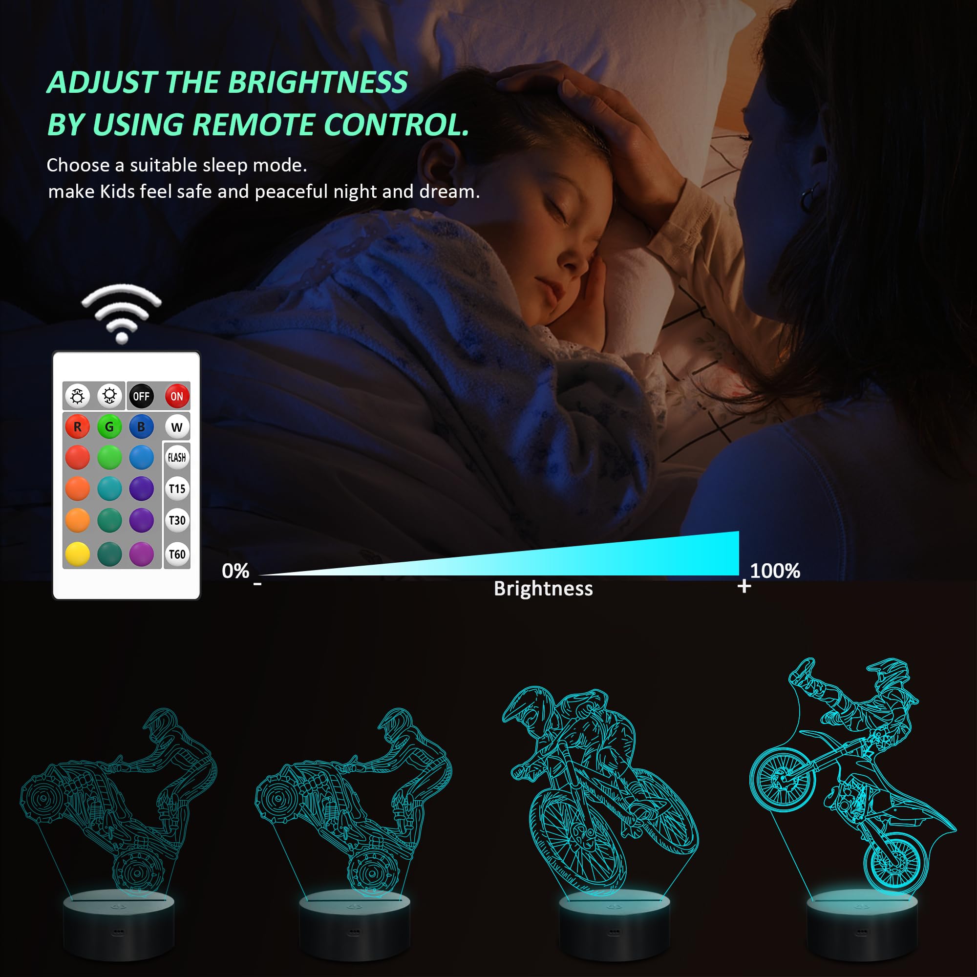 Ammonite Dirt Bike Gifts, 3D Illusion Motocross Night Light For Kids (3 Patterns) With Remote Control & 16 Colors Changing & Dim