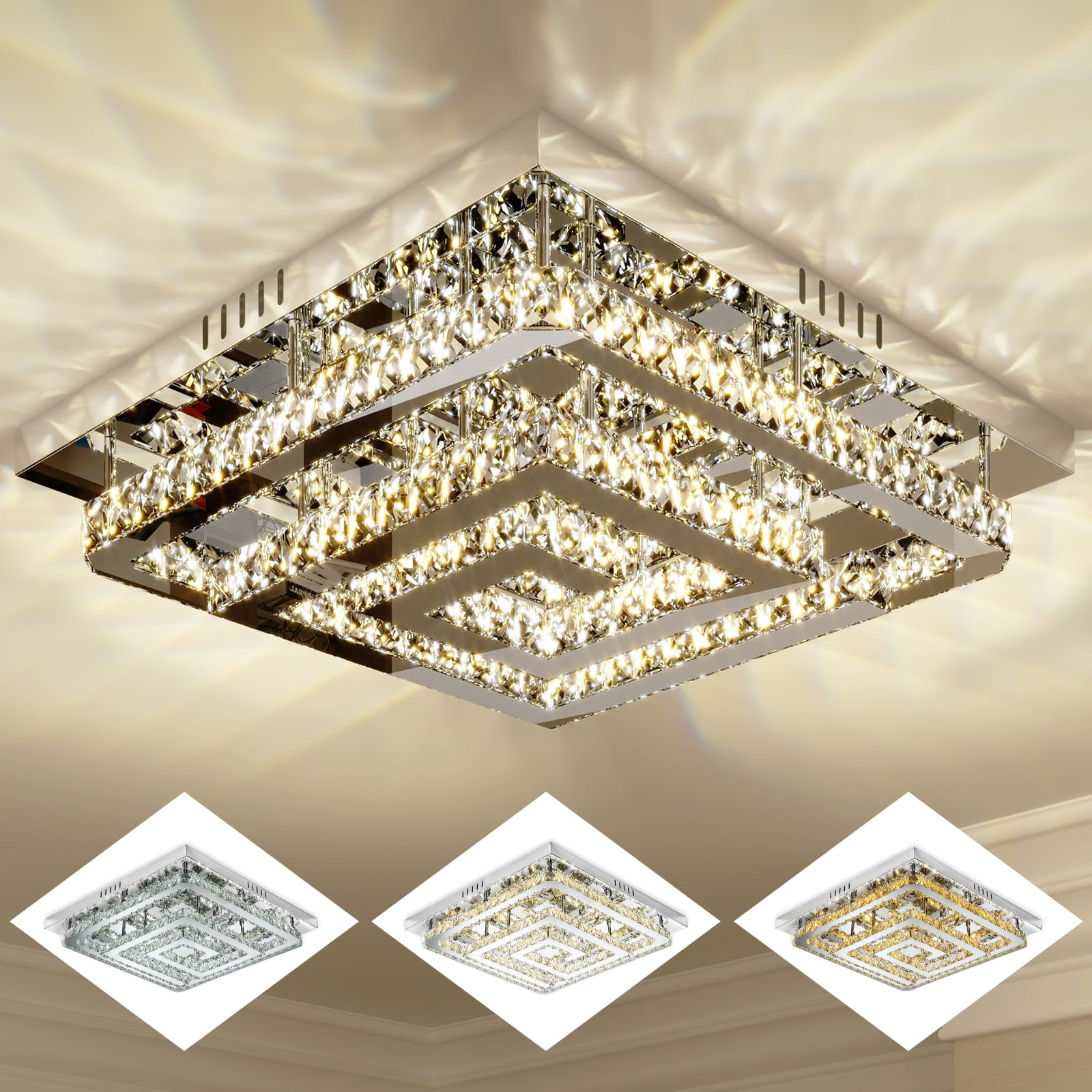 24'' Large Crystal Chandelier With Remote Control, 3 Color Temperature Light Fixture & Brightness Adjustable, Modern Flush Mount