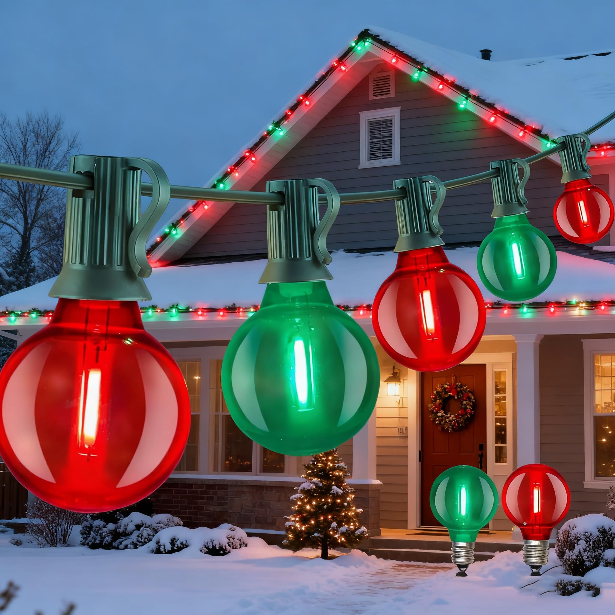 Abeja 50Ft Multicolor Christma Lights Outdoor  Red/Green Christmas Lights With 25 Led Colorful Bulbs(2 Spare)  Outside Christmas Hanging Light For Tree Roofline Holiday Party