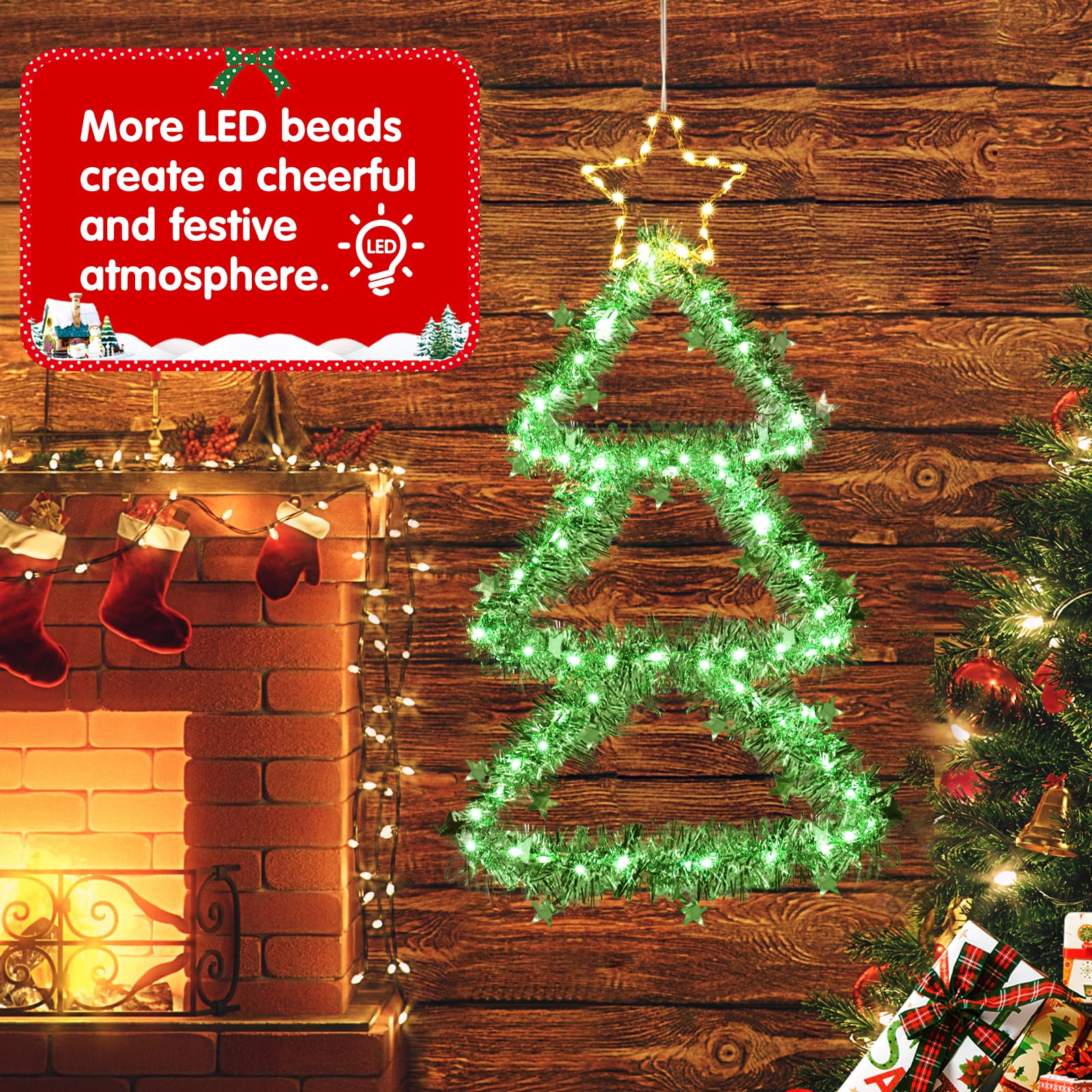 Elktry Led Christmas Decorations Lights, Green Lighted Christmas Tree With Silver Tinsel And Warm White Star Topper, Battery Operated Hanging Lights For Indoor Outdoor, Window Wall Door Home Decor
