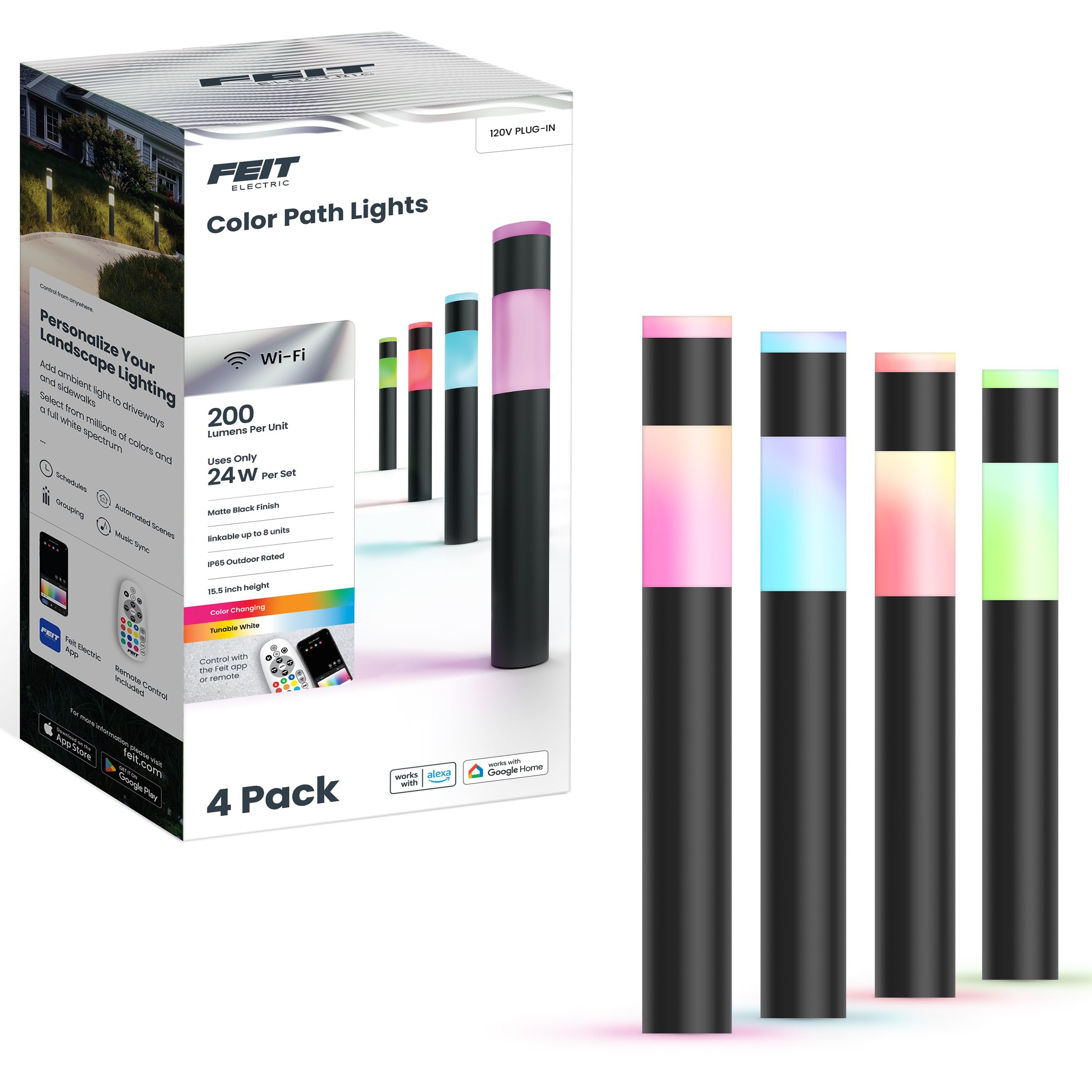 Feit Electric Smart Color Changing & Tunable White Outdoor Bollard Path Lights, 200 Lumens, Music Sync, Compatible with Alexa &