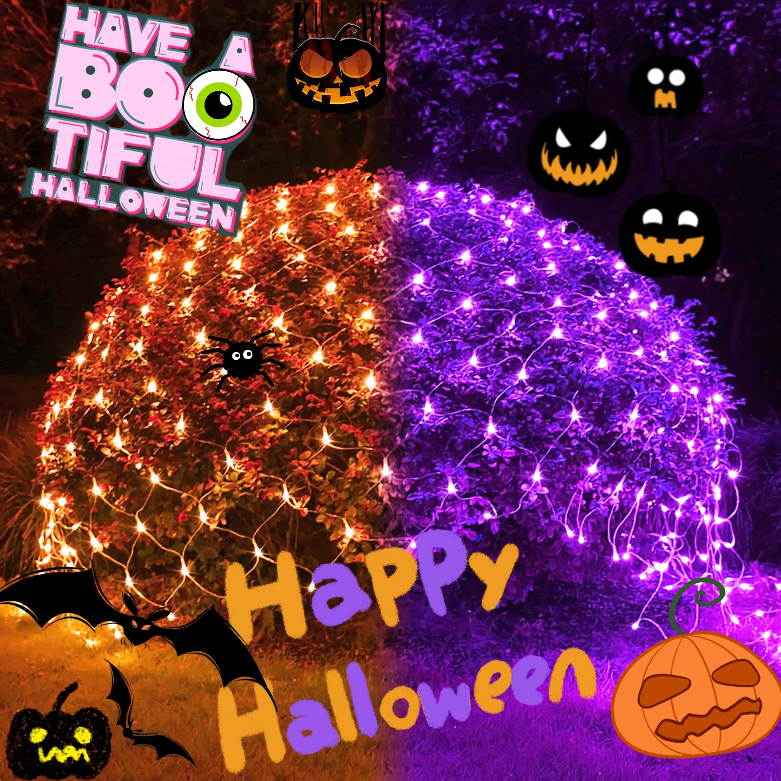 JMEXSUSS Halloween Net Lights, 200 LED Color Changing, Waterproof, Orange to Purple, 9.8FT x 6.6FT, Model EXS-N-0200