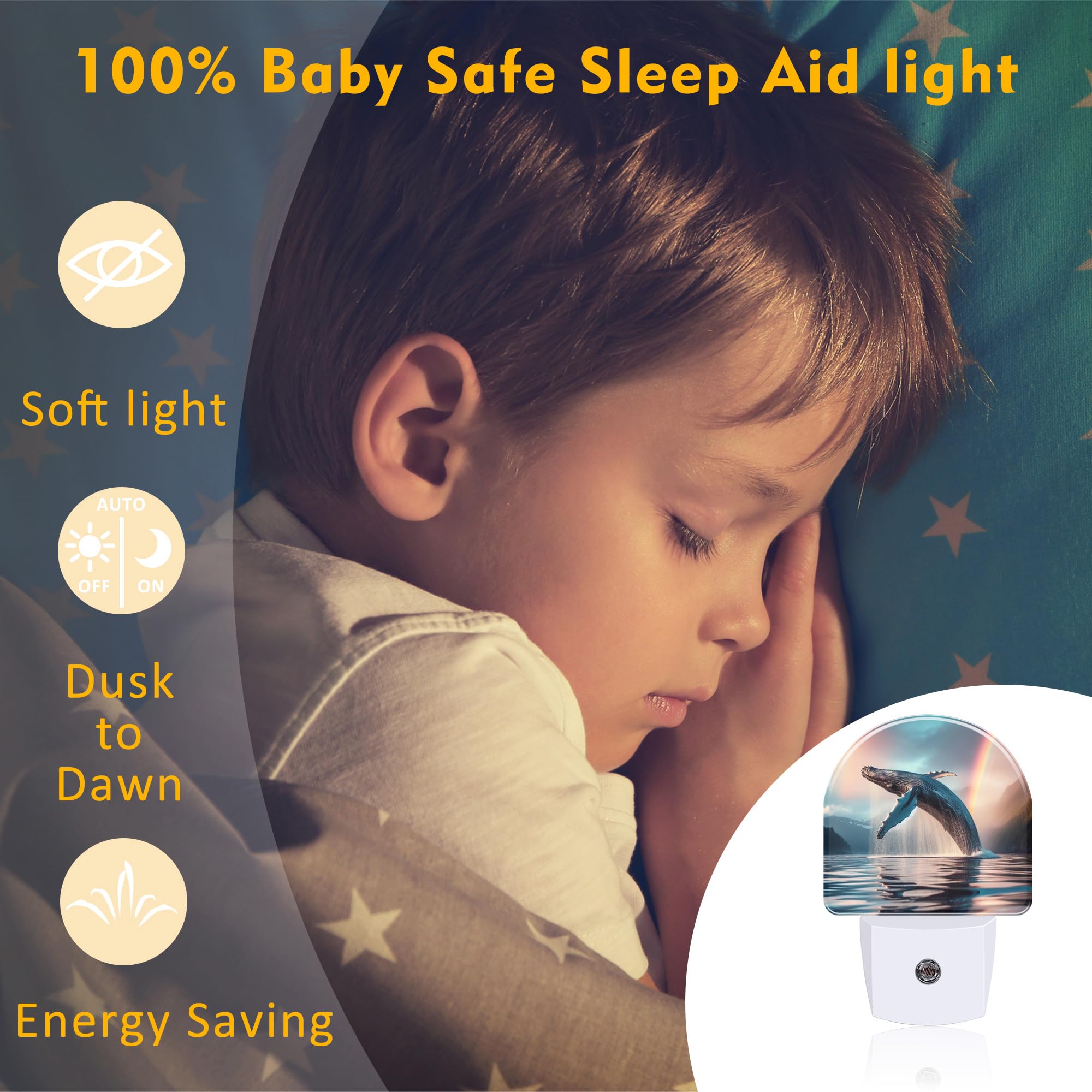 Sndheke Jumping Whale Night Light For Kids, Ocean Marine Life Rainbow Night Light Plug In With Dusk To Dawn Sensor, 0.5W Energy
