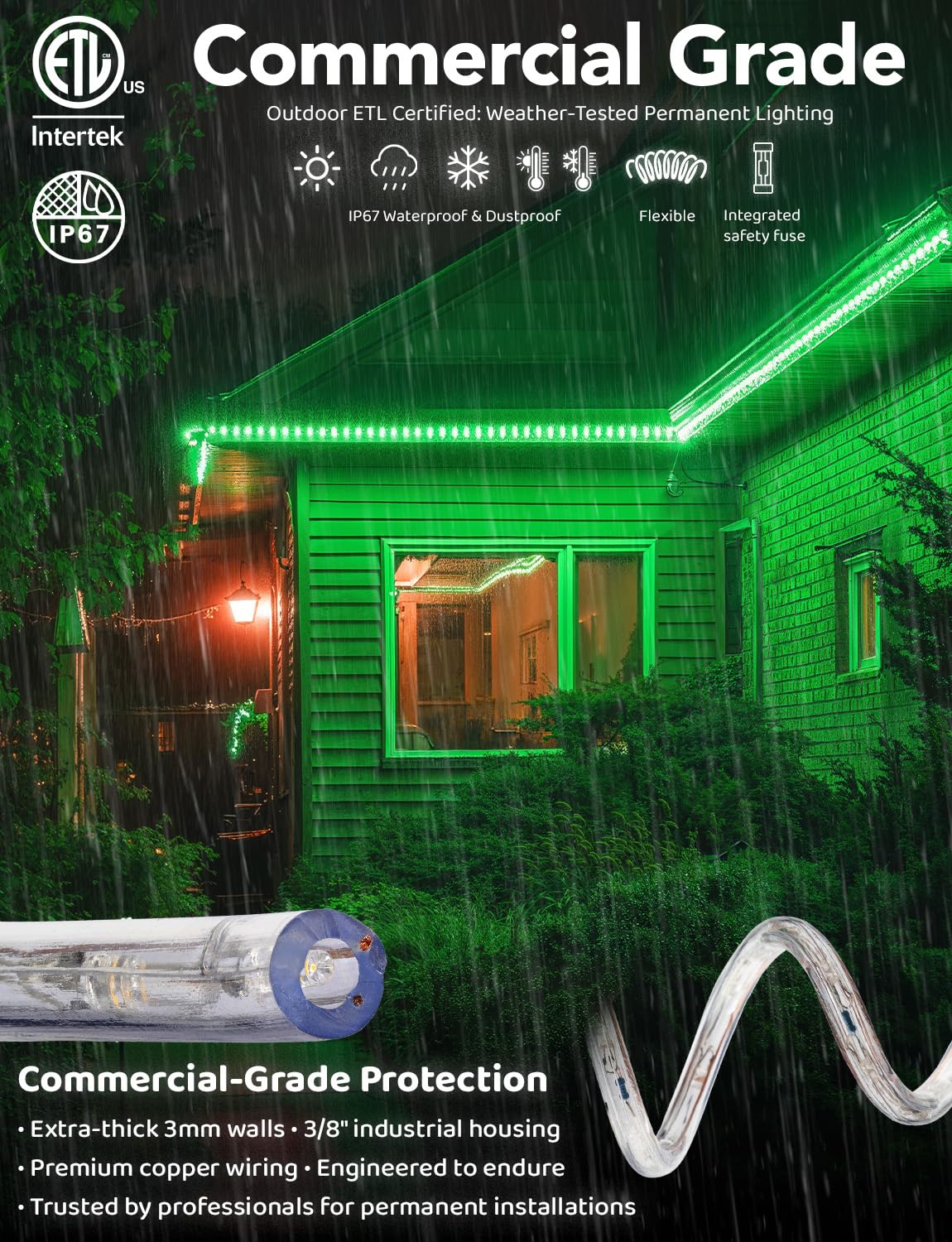 Wyzworks 1656Leds, 150Ft Led 1/2” Green Rope Light, Connectable Outdoor Permanent Waterproof Accent Exterior Lighting, Flexible Clear Pvc, Etl Certified, Holiday, Backyard Patio, Home, Decor