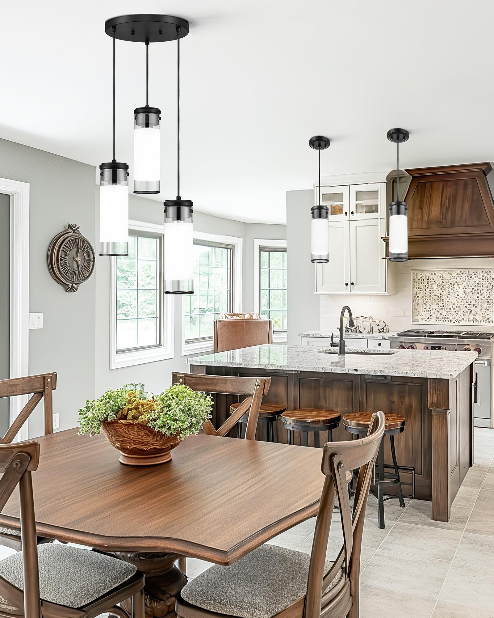 Jazava Cluster Pendant Light, Black Hanging Light Fixture, 3-Light Cylindrical Kitchen Island Lighting For Dining Room Living Ro