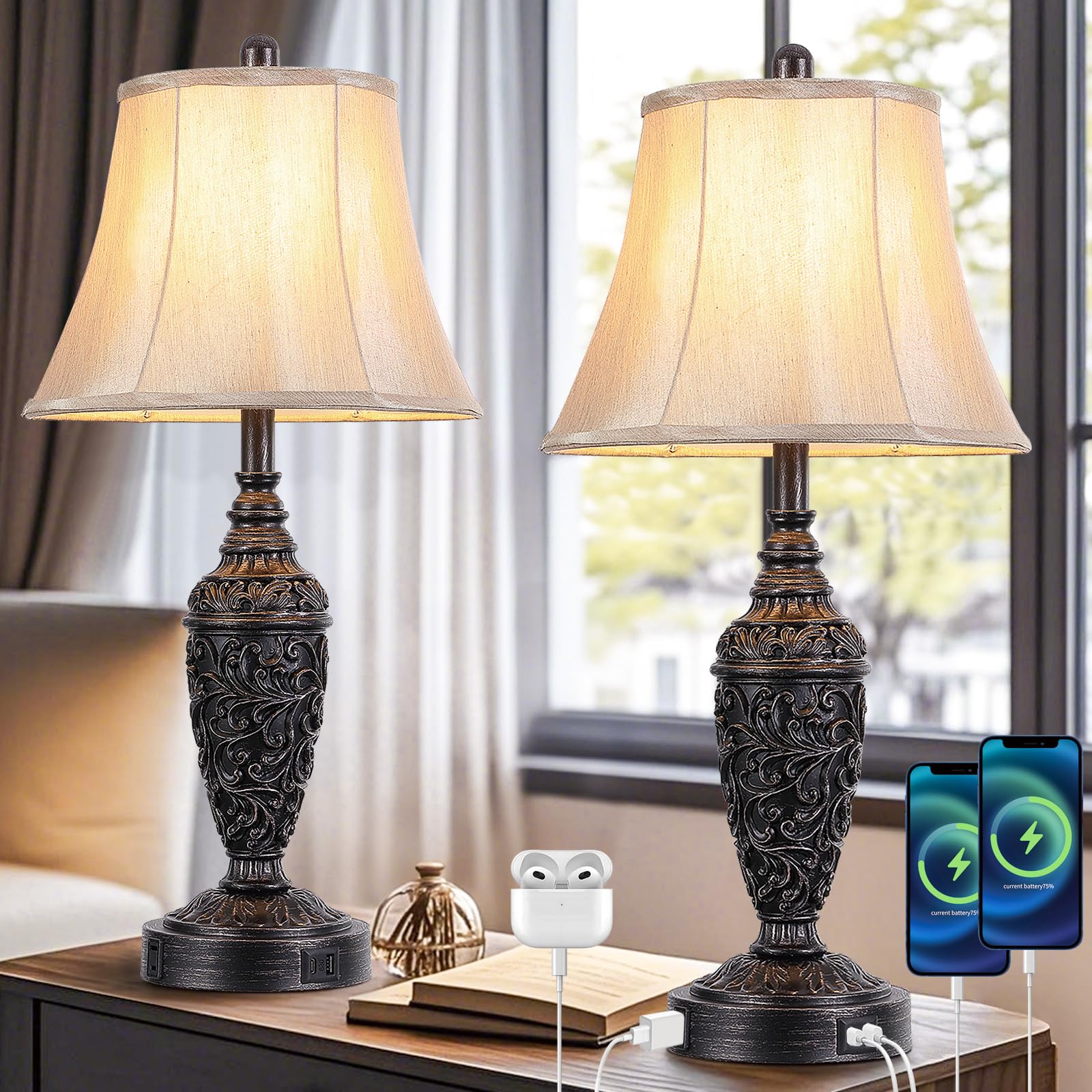 Sheetea 2-Pack 26.8 Vintage Table Lamps with Dual USB Charging Ports & AC Outlet, Traditional Black Bedside Lamps Set of 2 with 