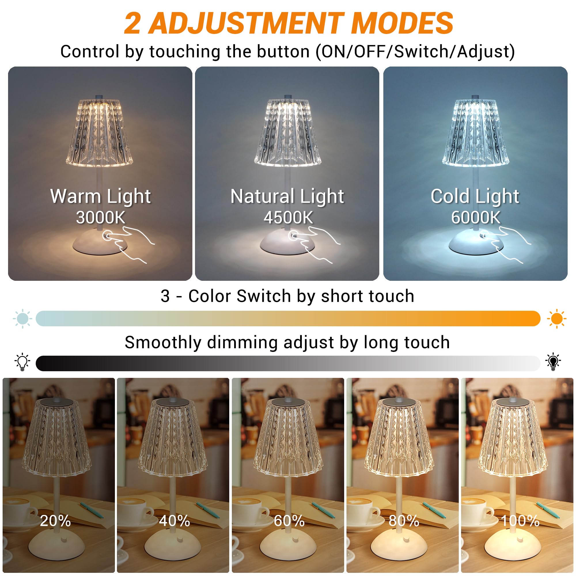 Amingulry Cordless Table Lamp, Rechargeable 4000mAh, 3 Color Modes, Stepless Dimmable, Metal, Small, White
