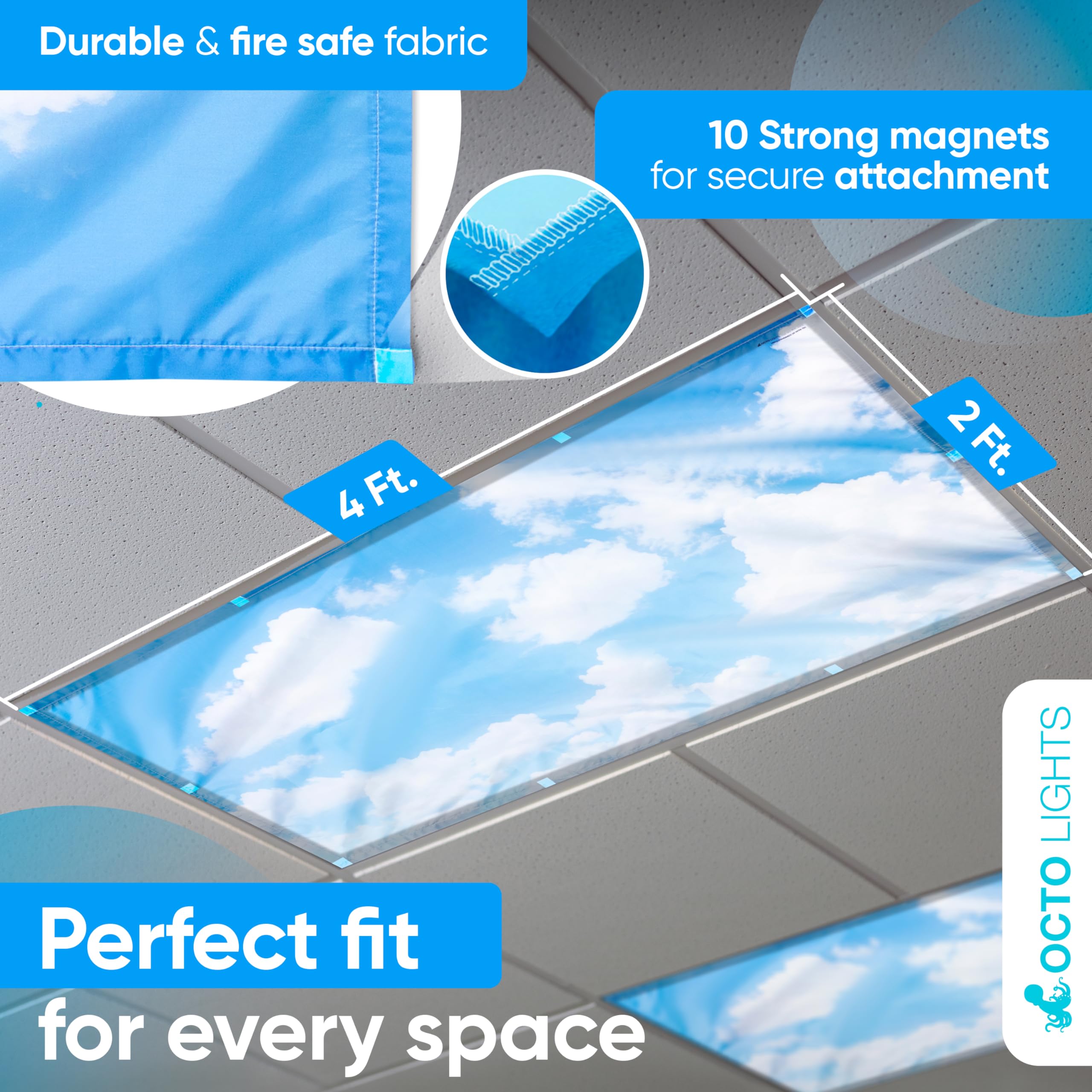 OCTO LIGHTS Fluorescent Light Covers - Magnetic 2x4 Polyester Cloud Cover - Calming Clouds - Model Cloud 001, 4 Pack