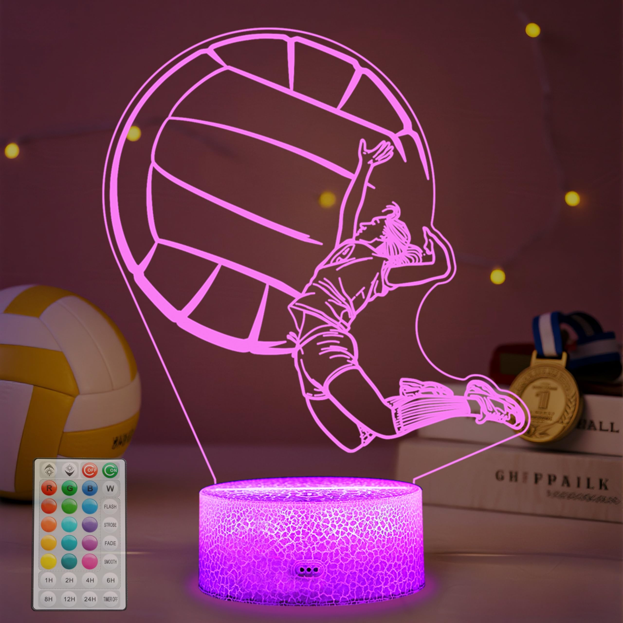 POSSHE Volleyball Gift for Girls, 3D Night Light, 16 Colors Changing, Remote Control with Timer, RGB Flashing Mode and Dimmable,