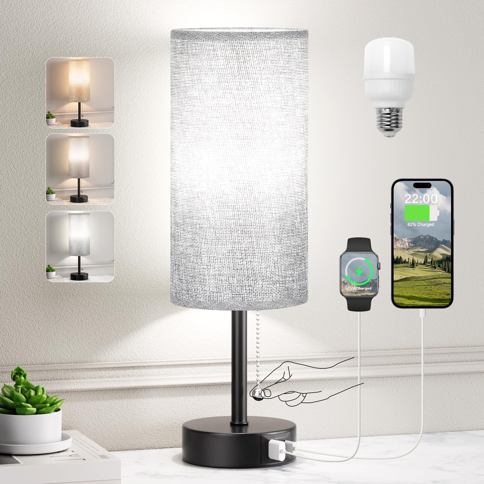 Grey Bedside Lamp for Bedroom Nightstand - Small Table Lamp with USB A + C Charging Port, 3 Color Temperatures Pull Chain Night 