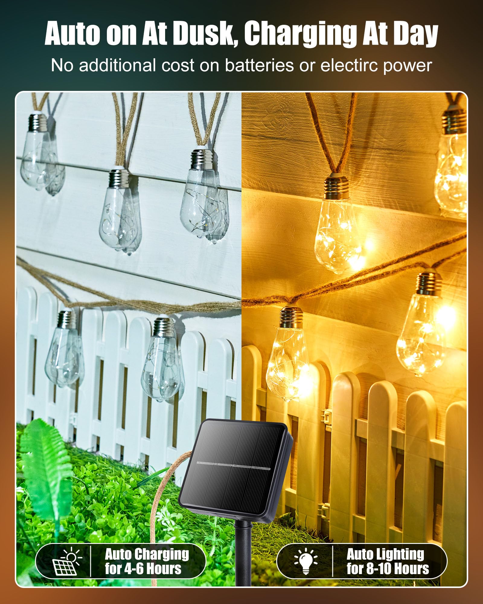 Brightown 30Ft Solar String Lights Outdoor With 15 Shatterproof Bulbs, 8 Light Modes Vintage Hemp Rope Led Patio Lights, Waterpr