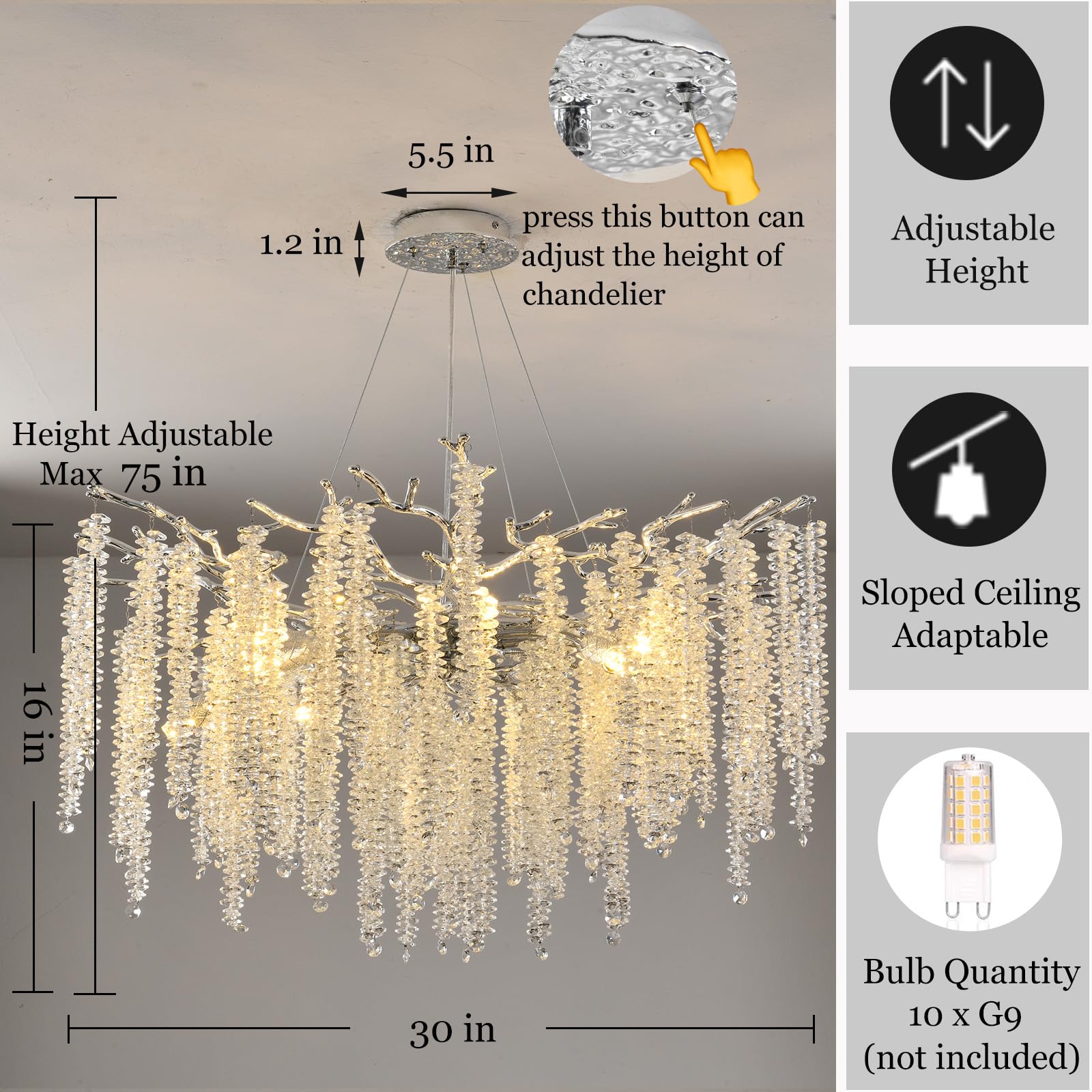 Upfelw Modern Crystal Tree Branch Chandelier, 10 Lights, D30'', Polished Chrome, Art Deco Lighting for Dining Room, Bedroom, Living Room