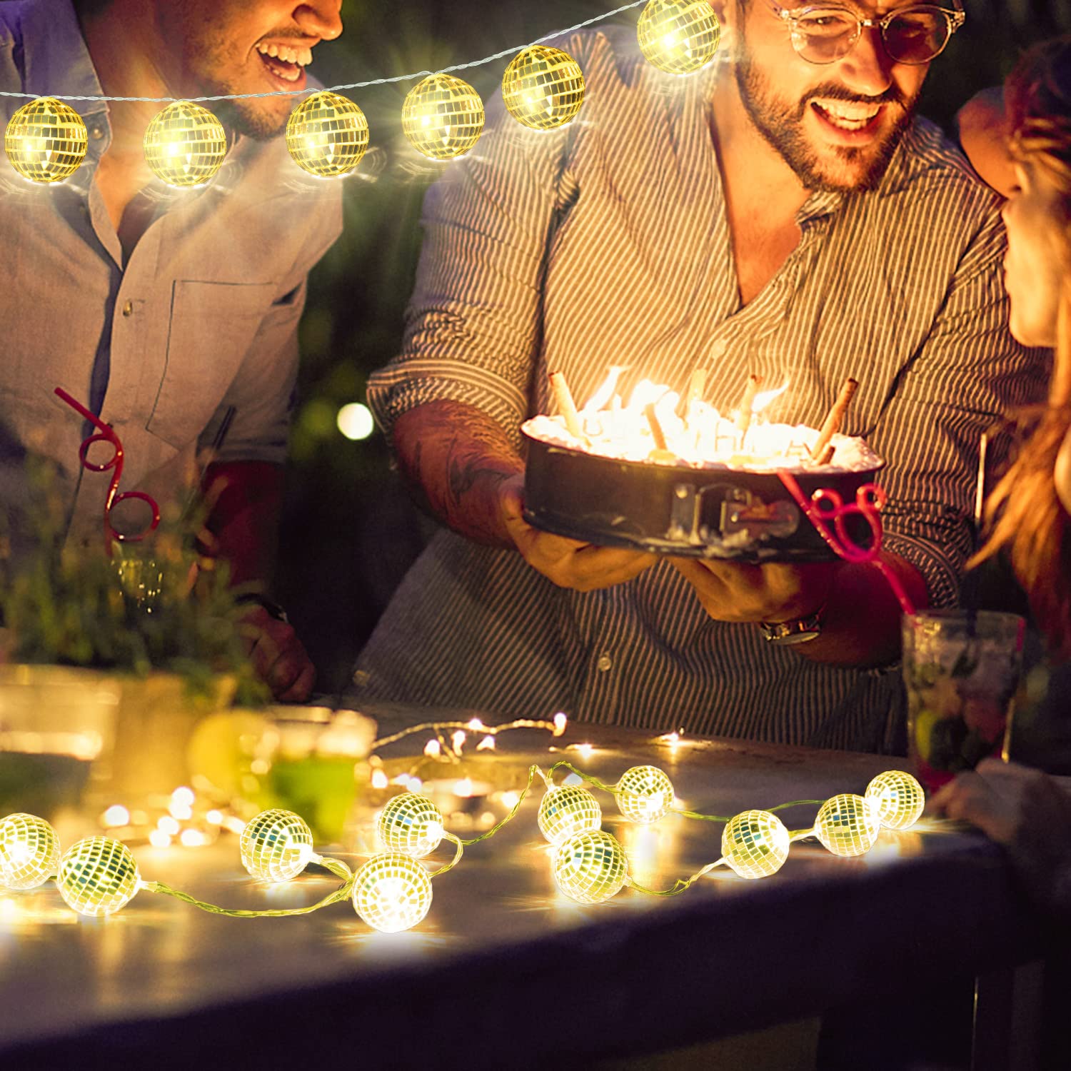 AceList Disco Ball String Lights - 20 LED, Battery Powered/USB, Gold, Model GZ-LT301BY-20-FBA, Perfect for Parties and Decorations