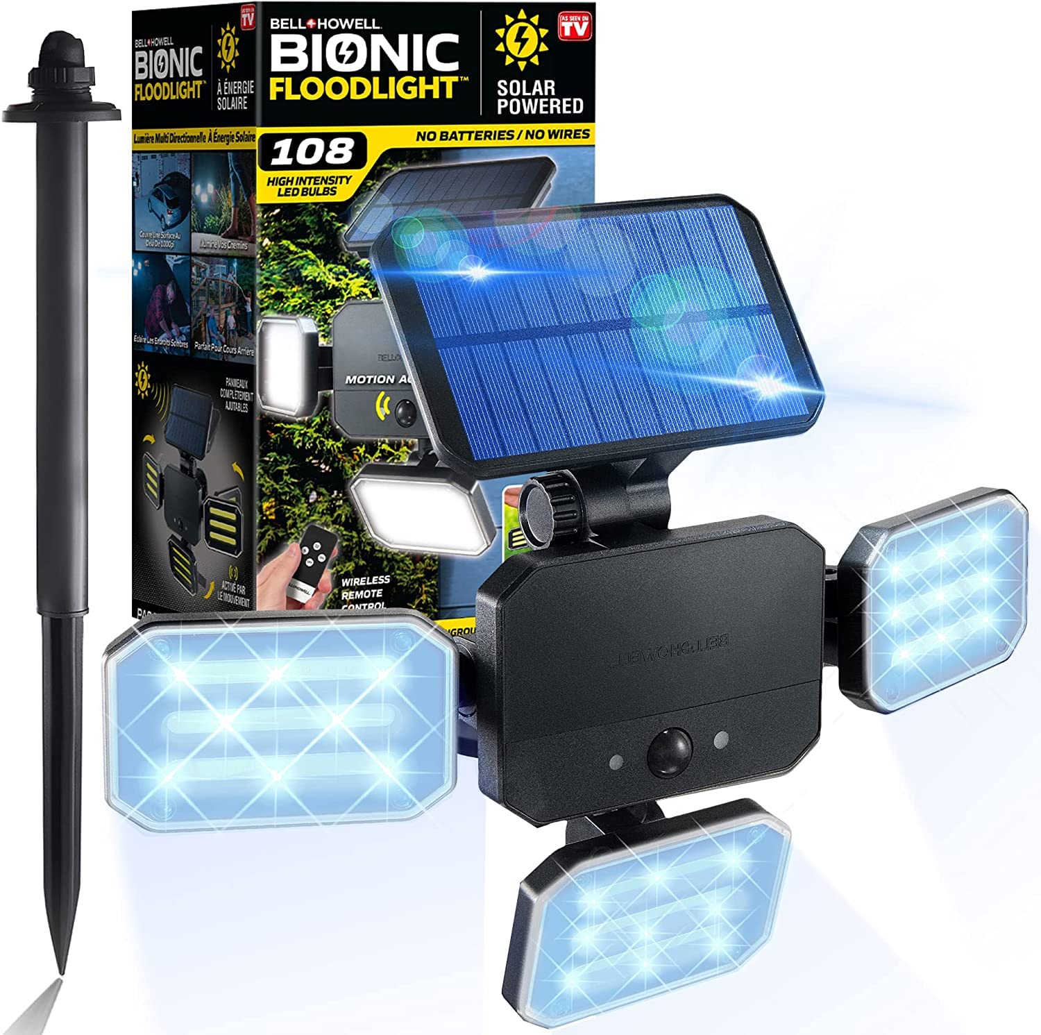 Bell+Howell Bionic Floodlight with Motion Sensing - Solar Outdoor Lights 108 High Power LED Bulbs Adjustable, Swiveling Panels f