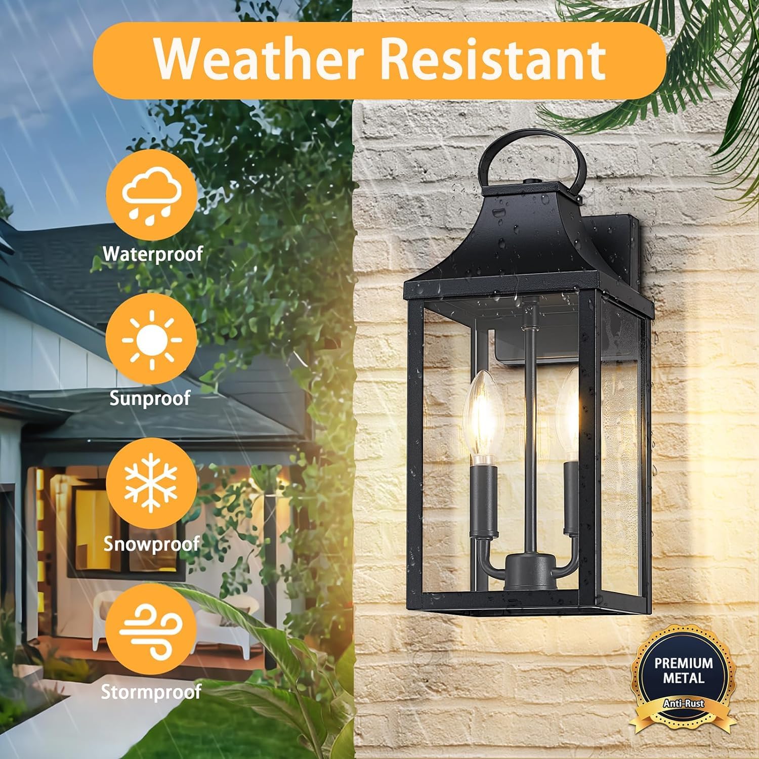 Myhxq 15" Dusk To Dawn Black Outdoor Wall Lantern 2-Light, Outside Modern Wall Sconce Light Fixture, Industrial Porch Light Wall Mount With E12 Sockets, Waterproof Exterior Lamp Lighting, Black