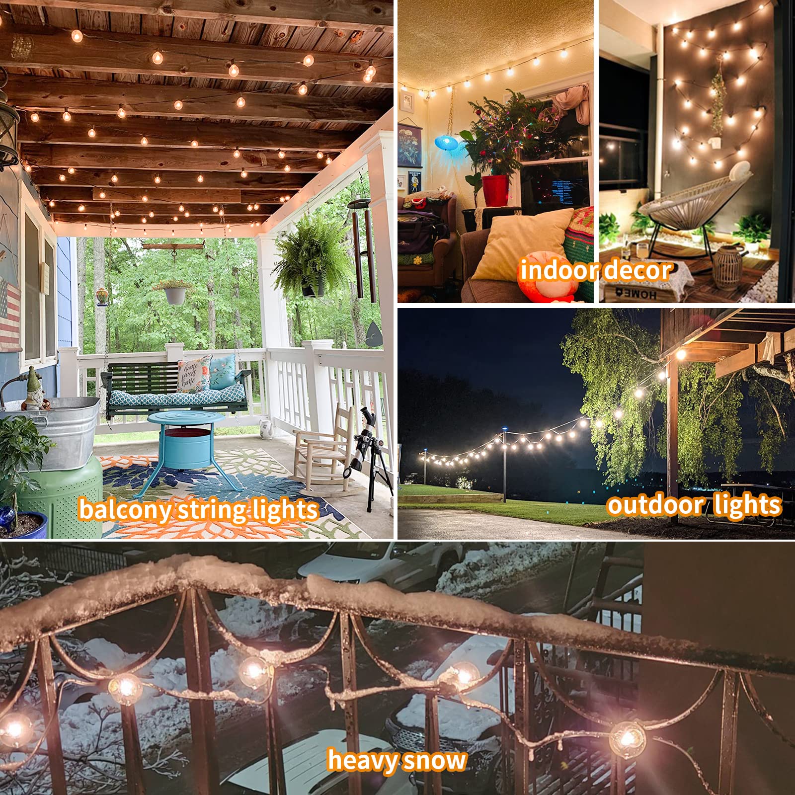 Vocevos LED Outdoor String Lights, 60FT, Dimmable G40 Bulbs, Shatterproof, Black Wire, Waterproof, Commercial Grade
