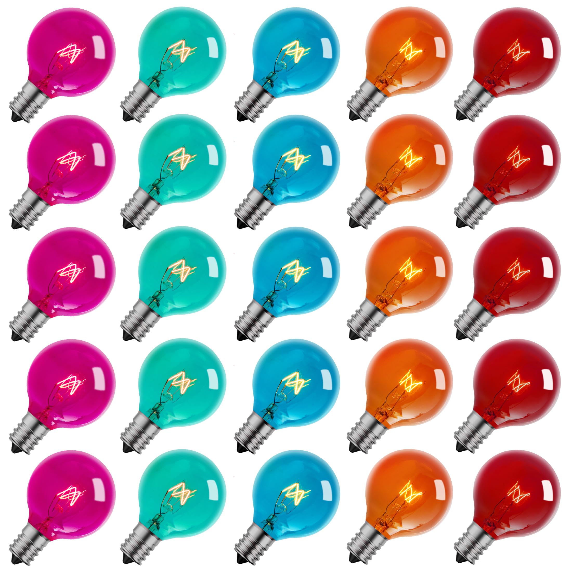 Brightown G40 Colorful Incandescent Bulbs, 5W E12 Candelabra Base, 25 Pack, Glass, Vintage Globe for Holiday Decoration