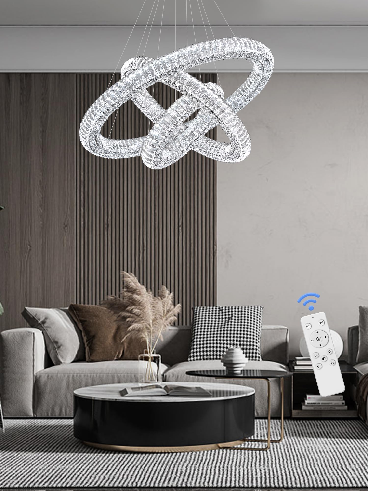 IDEQUY Crystal Chandeliers 3 Rings Lighting, Adjustable Stainless Steel, 32" 24" 16", Model CF8022-XD468, Ceiling Light