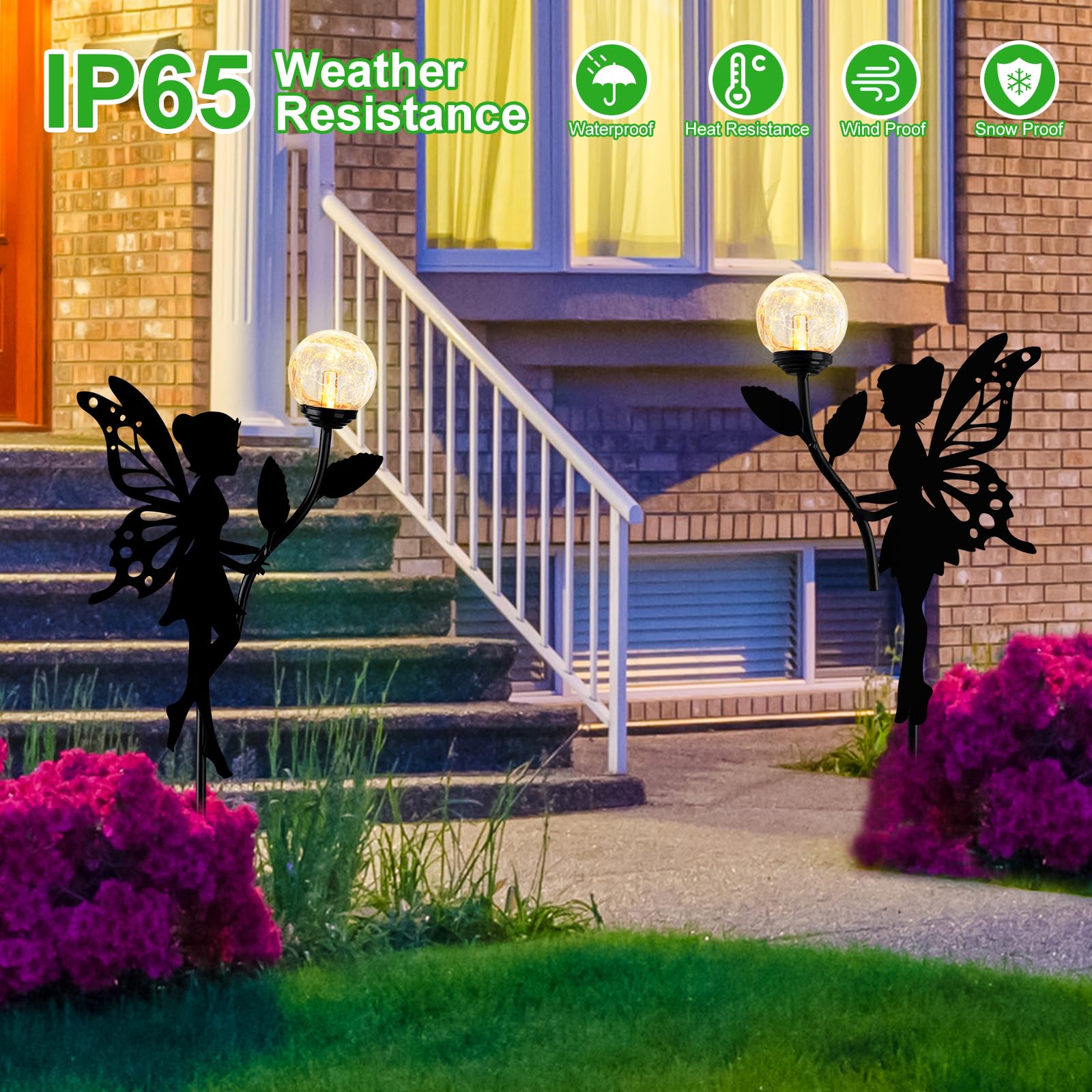 Ouddy Decor 2 Pack Solar Fairy Garden Decor, Metal Statues With Crackle Glass Globe Lights Silhouette Waterproof For Outdoor Lawn Patio Yard Pathway Home Decorations Valentine'S Day Gardening Gifts