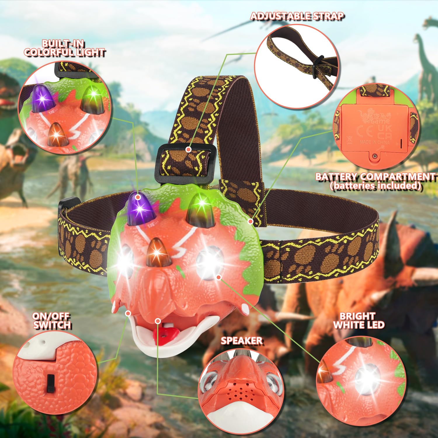 Tigtecgame Dinosaur Headlamp - T-Rex Led Flashlight For Kids, Camping & Outdoor Fun