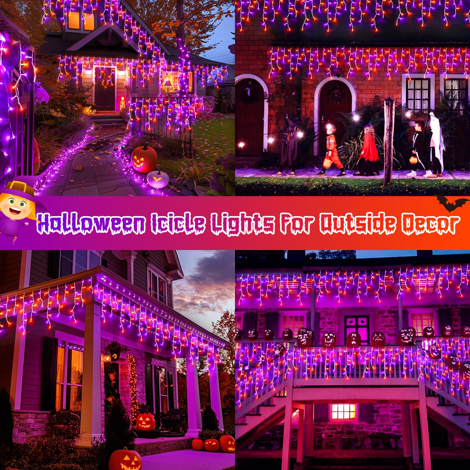 JMEXSUSS 400 LED Icicle Lights, 8 Modes, Waterproof, 38.8FT, Orange and Purple, Model EXS-I-0400