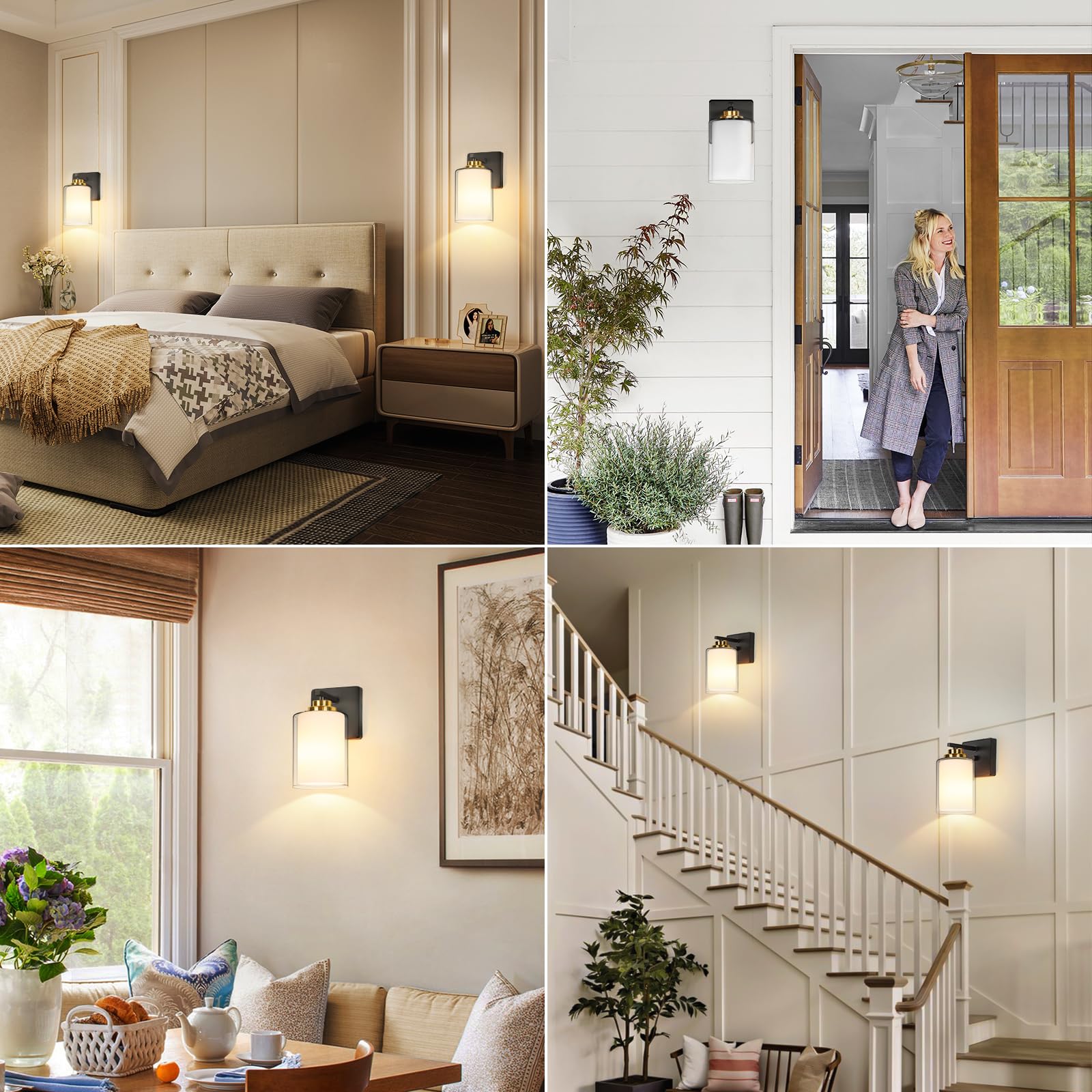 VerRon Set of 2 Wall Sconces - Modern Black & Gold Vanity Light Fixtures with Double Glass Shade for Bathroom & Living Room