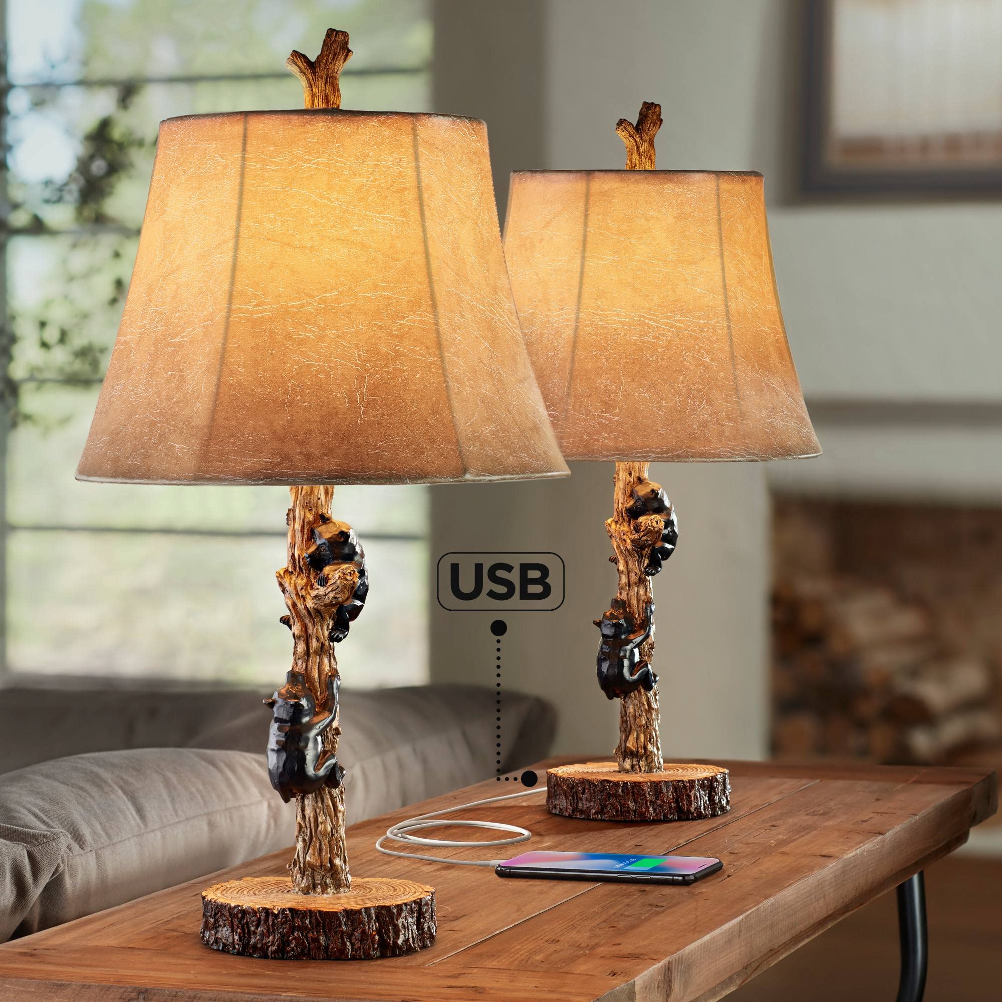 John Timberland Rustic Accent Table Lamps Set of 2, 22.5in High, USB Port, Brown Black Wood Finish, Model 81K44