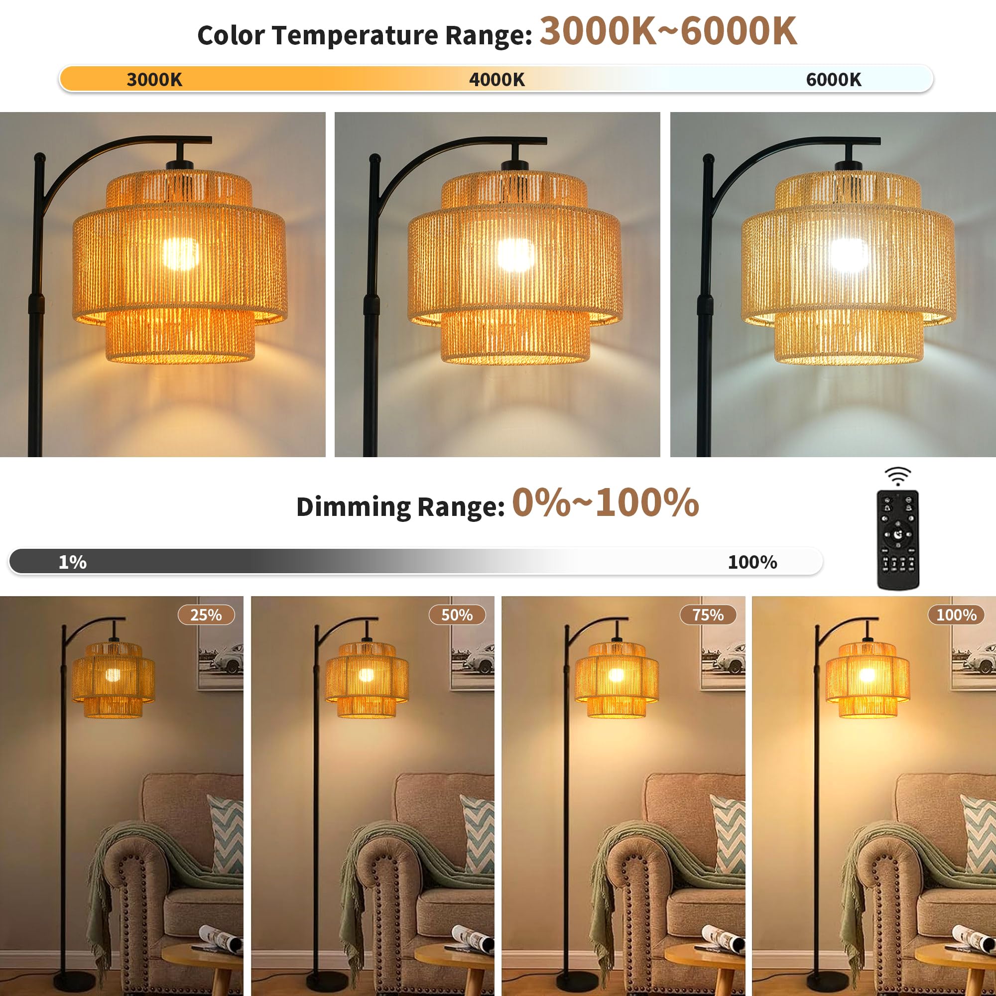 ILLMTW Rattan Floor Lamp - Boho Arc Standing Light, Dimmable, Black, Tall, Wicker Bamboo Shade