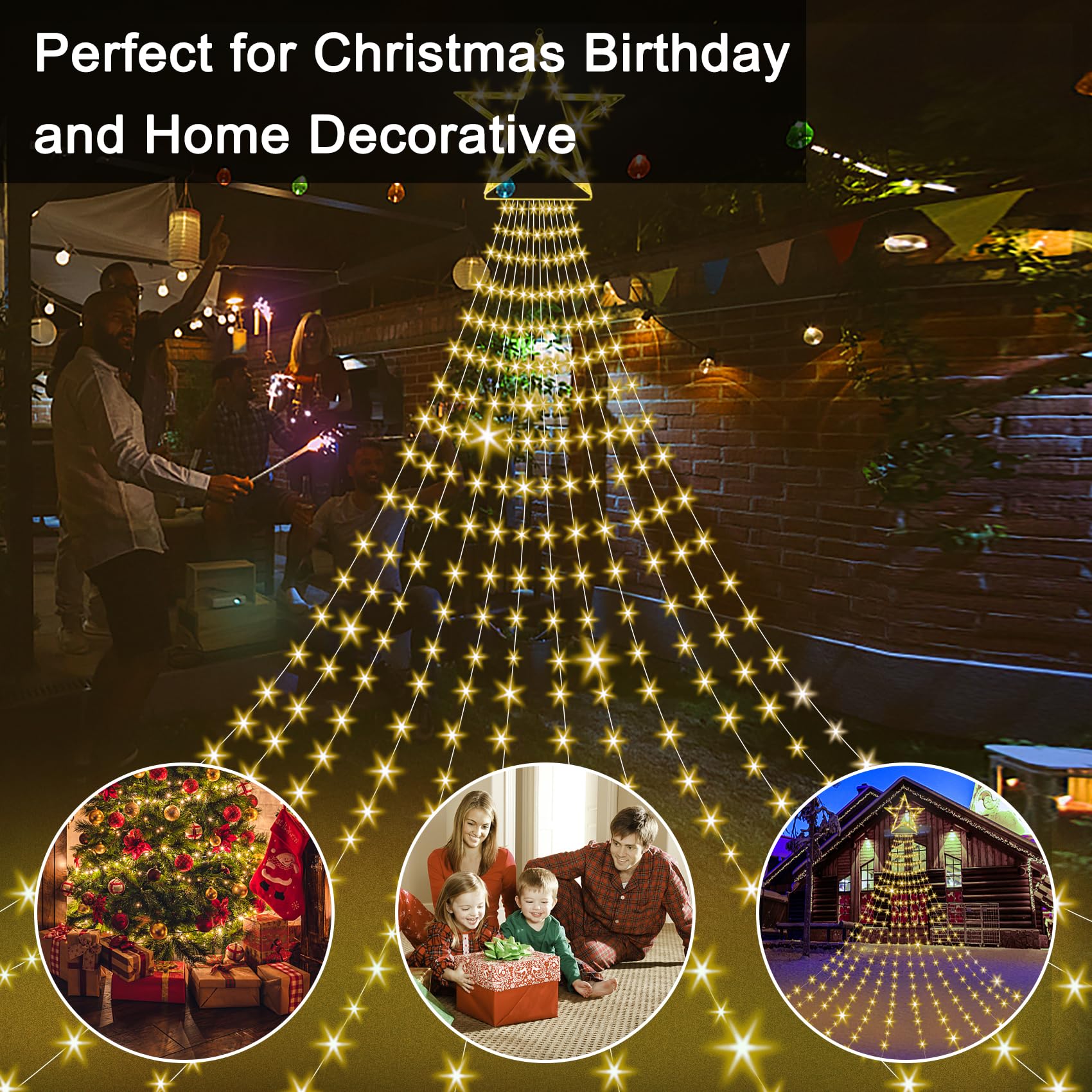 Onory 23FT Christmas Outdoor Star String Lights, 860 LED Waterproof Warm White, 8 Modes for Patio, Yard, Party Holiday Decor