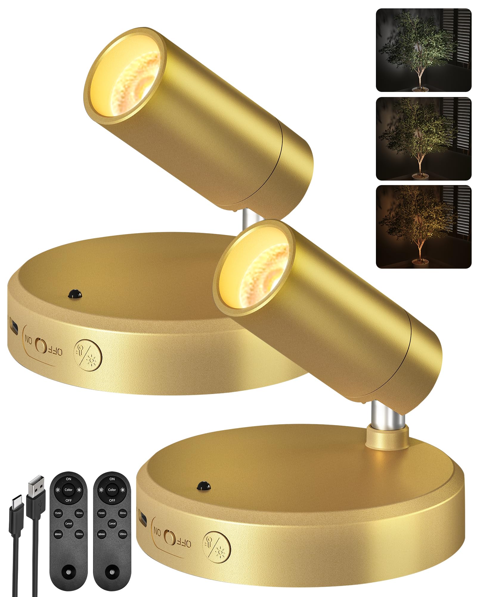 EZVALO LED Spotlight Indoor  5500mAh Rechargeable Battery Uplighting Indoor  Wireless Mini Art Accent Spot Lights with Remote  for Plants Display Discomfortting Dartboard Artwork Portrait Closet(2Pack-Gold)
