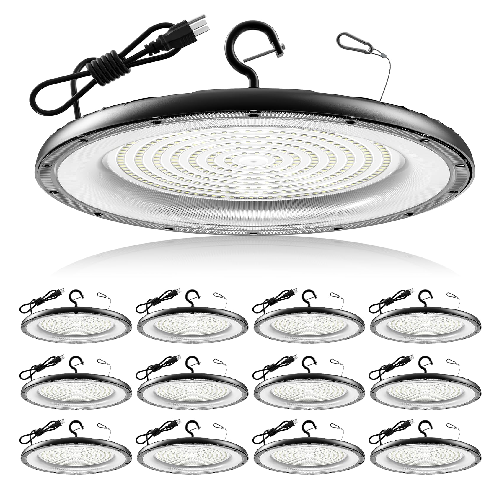 AIKVSXER 12 Pack UFO LED High Bay Light, 400W 60000LM, 6000K Daylight, IP65 Waterproof, with Plug & Hanging Hook, Round Black Wa