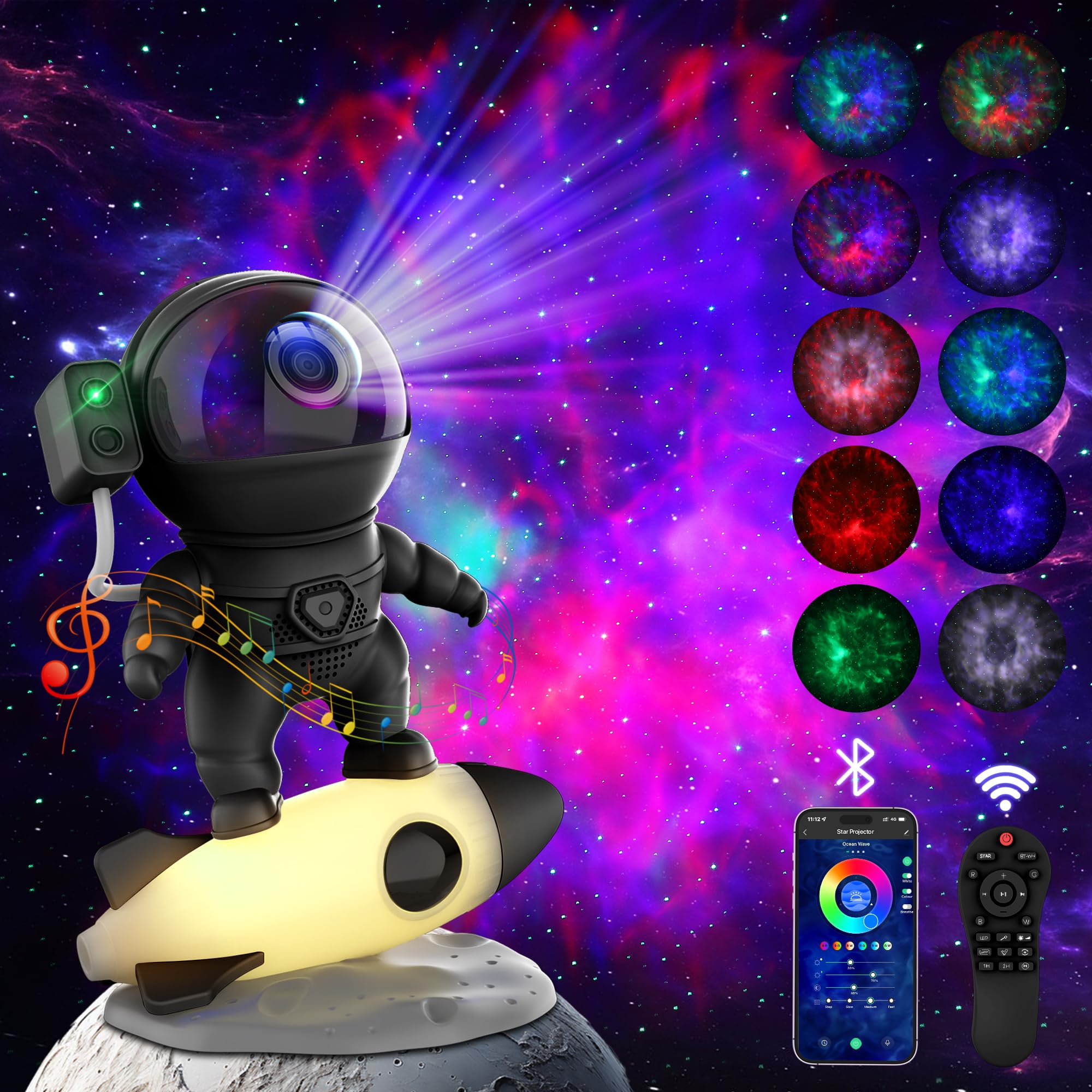 Astronaut Galaxy Projector, Star Projector Rocket Night Light for Kids Room, 360 Adjustable Magnetic Head, Bluetooth Speaker, Ti