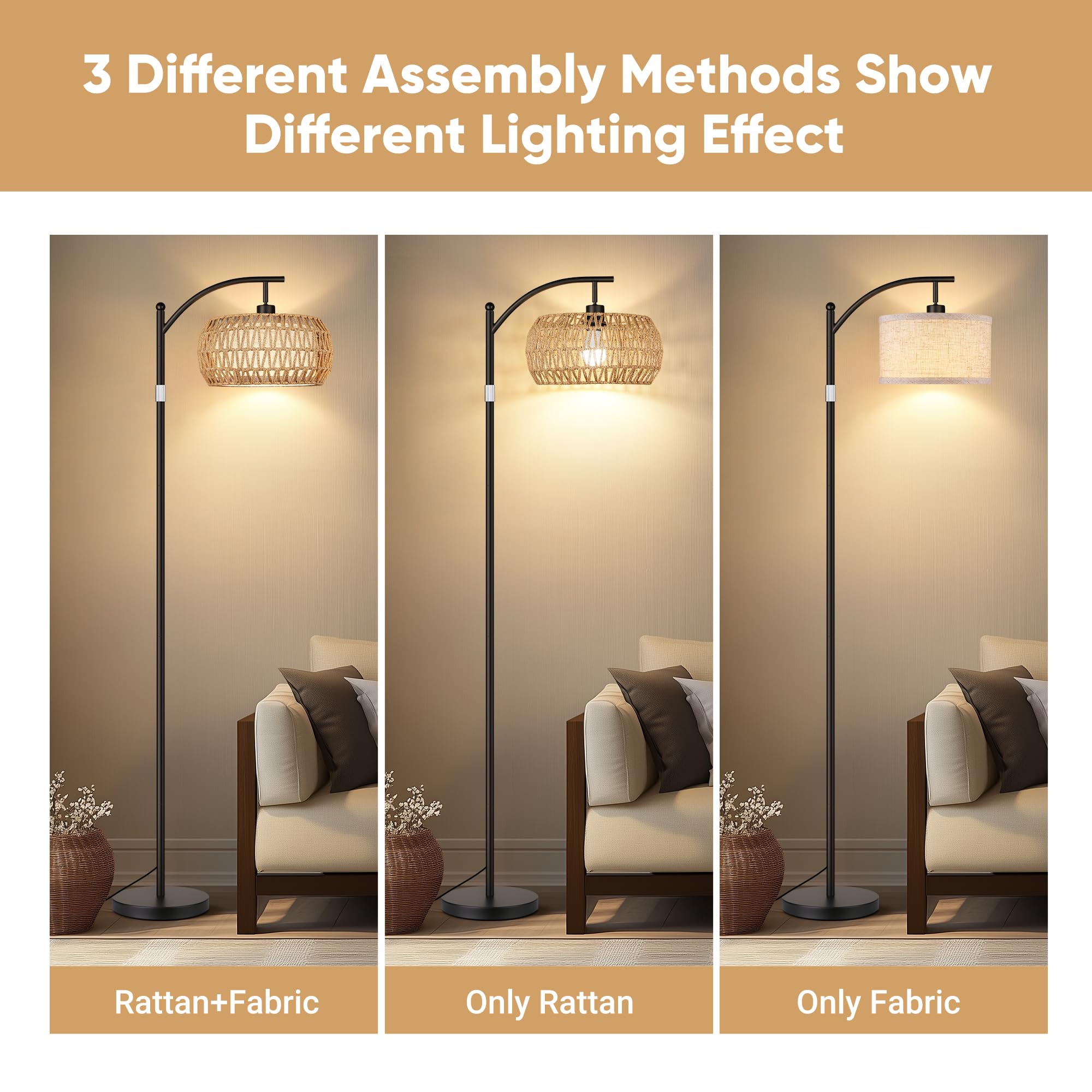 Rottogoon Boho Floor Lamp With Dimmable Bulb, Rattan &Linen Double Shades, Boho Standing Tall Lamps With Foot Switch, Bohemian F