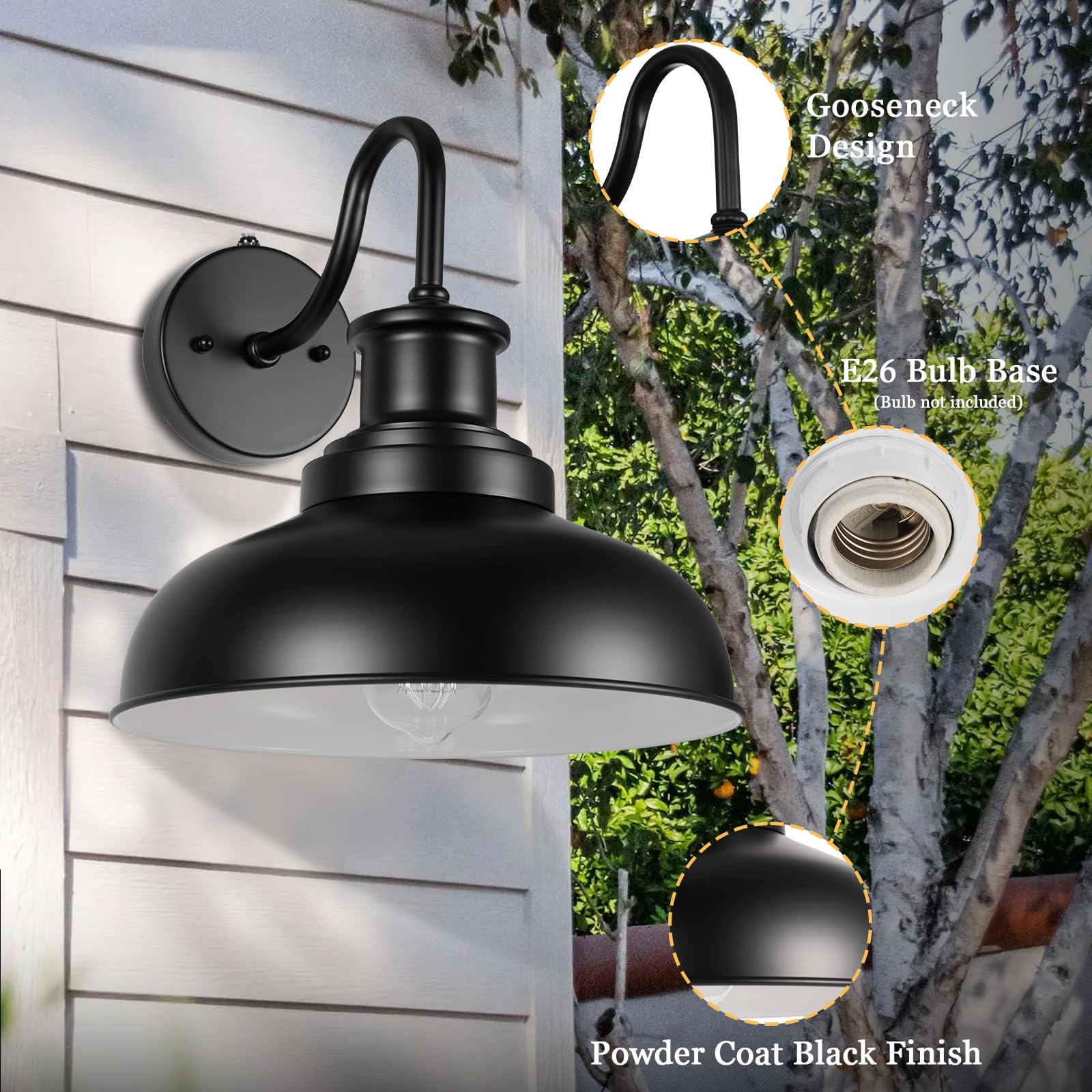 Diyel Gooseneck Barn Light - Dusk to Dawn Outdoor Wall Sconce, Black/White, Iron, Model DDRZ007-2, Vintage Farmhouse Design