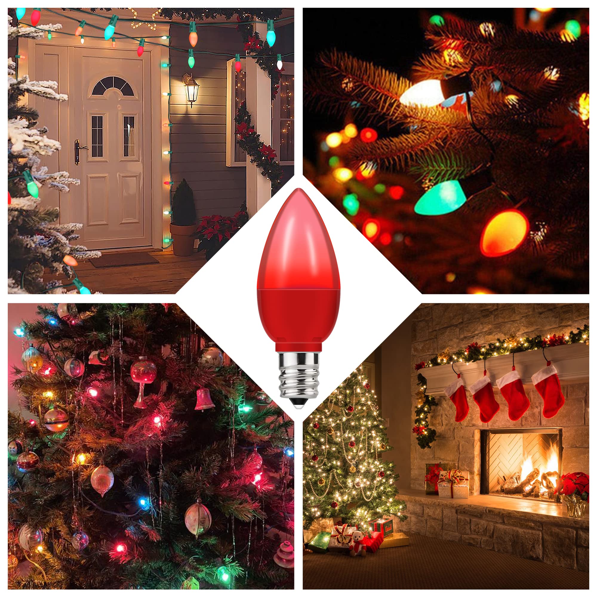 C7 LED Red Light Bulb, Christmas Light Bulbs E12 Candelabra Base, Mini LED Bulbs 1W(10W Equivalent) Night Light Bulbs for Salt L