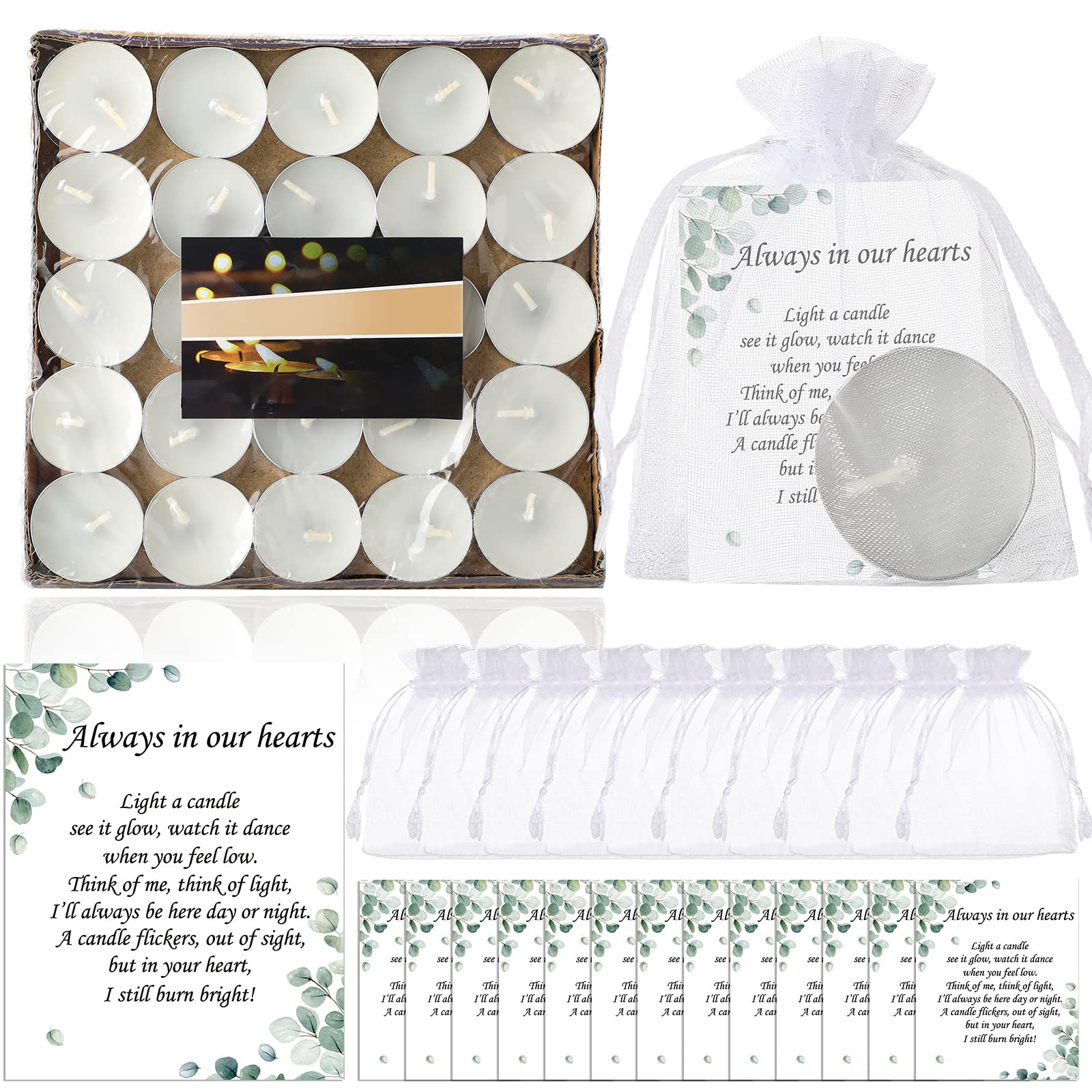 50 Set Funeral Party Favors Memorial White Candles Unscented Funeral Gifts Tealight Candles With Condolence Bereavement Cards And Organza Bags For Guest Celebration Of Life Decorations (Artsy)