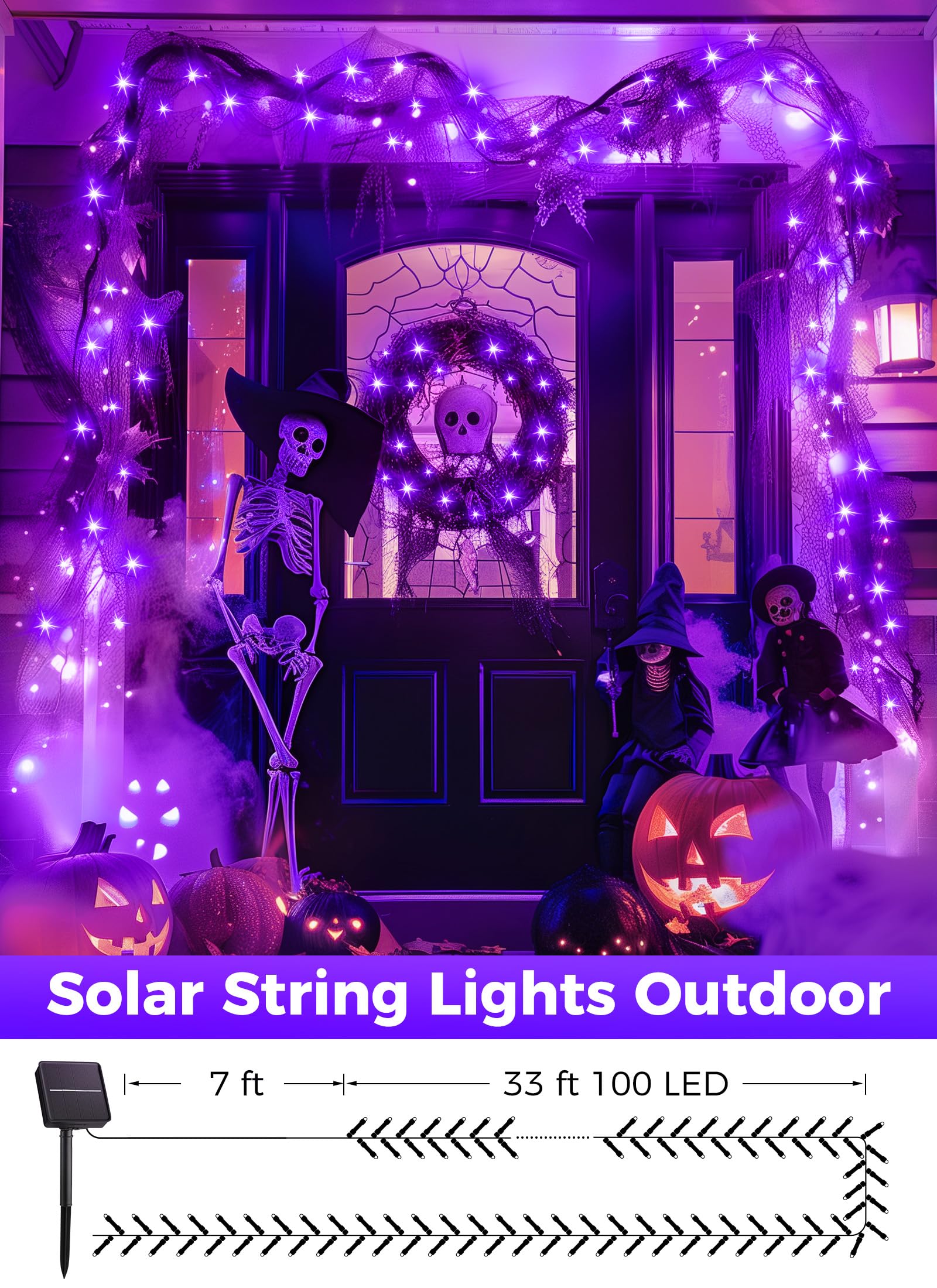 Minetom Solar Halloween Lights Outdoor - 4 Pack Total 160Ft 400 Led Halloween String Lights With 8 Lighting Modes, Ip65 Waterproof Solar String Lights For Outside Tree Party Decor, Purple