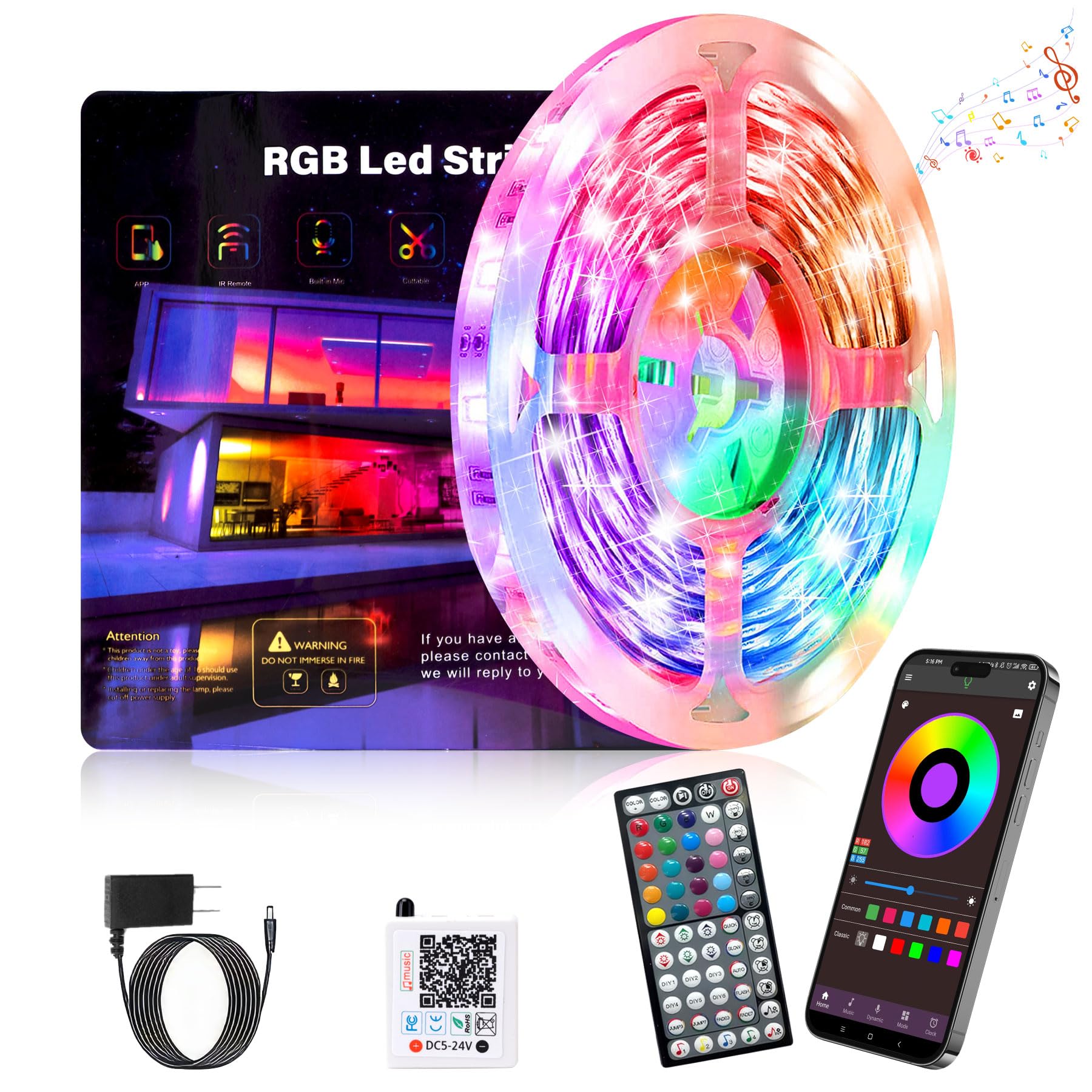 GANZQH Led Lights for Bedroom 100ft (1 Roll), RGB Led Strip Lights Indoor, Music Sync Color Changing Led Light Strip with 60 Key