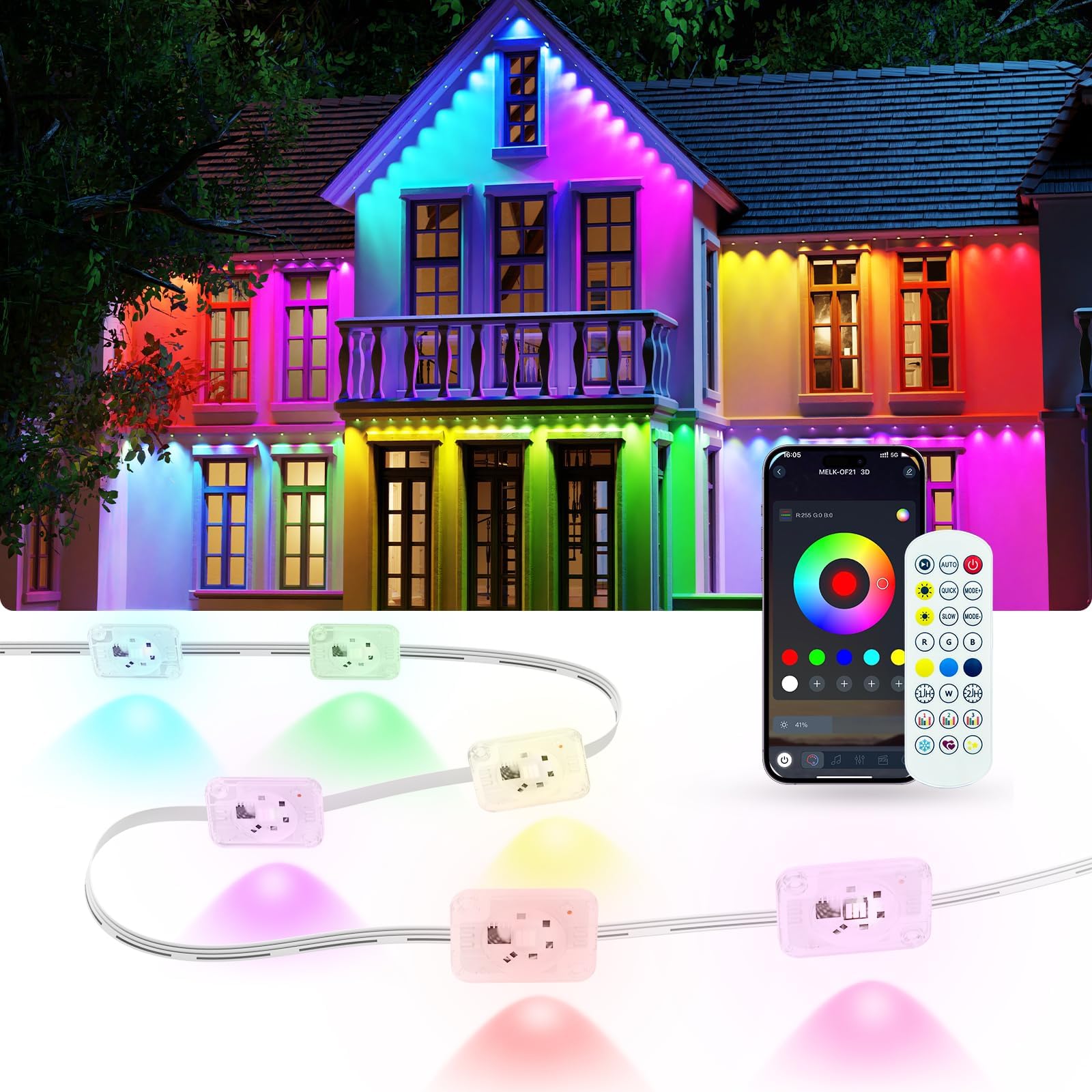 Permanent Outdoor Lights for House  100ft Smart RGB LED Eave Lights Outdoor Decor with App/Remote Control  IP67 Waterproof Lighting with Multi Scene Modes for Christmas  Daily  Party  Holiday