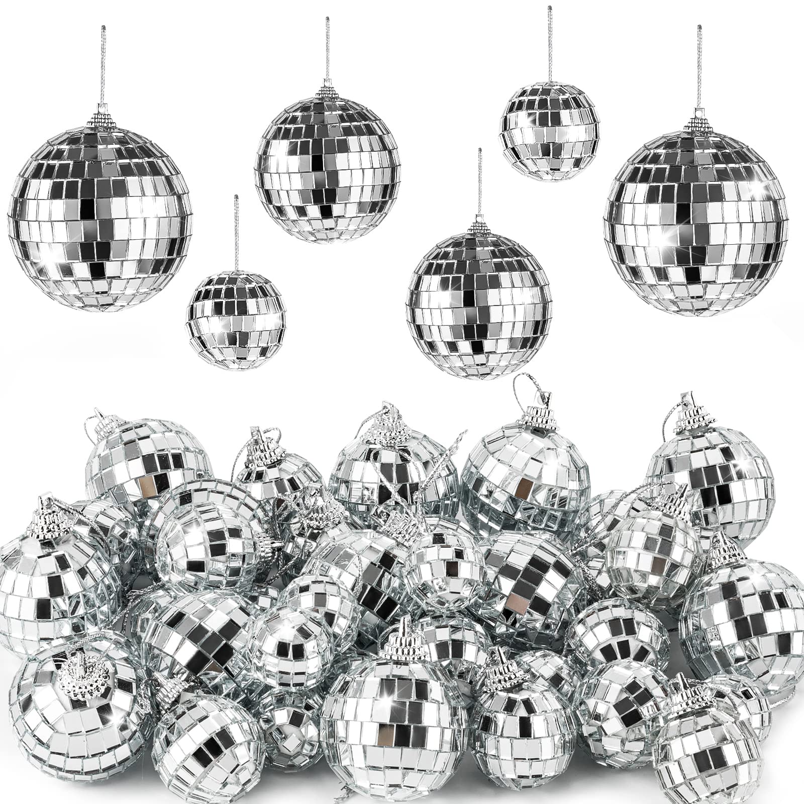 36 Pieces Mirror Disco 4D Ball Silver Hanging Disco 4D Ball Small Party Mirror Balls Cool Reflective Decor Christmas Tree Ornaments For Wedding Party Dance Music Festival, 3 Sizes