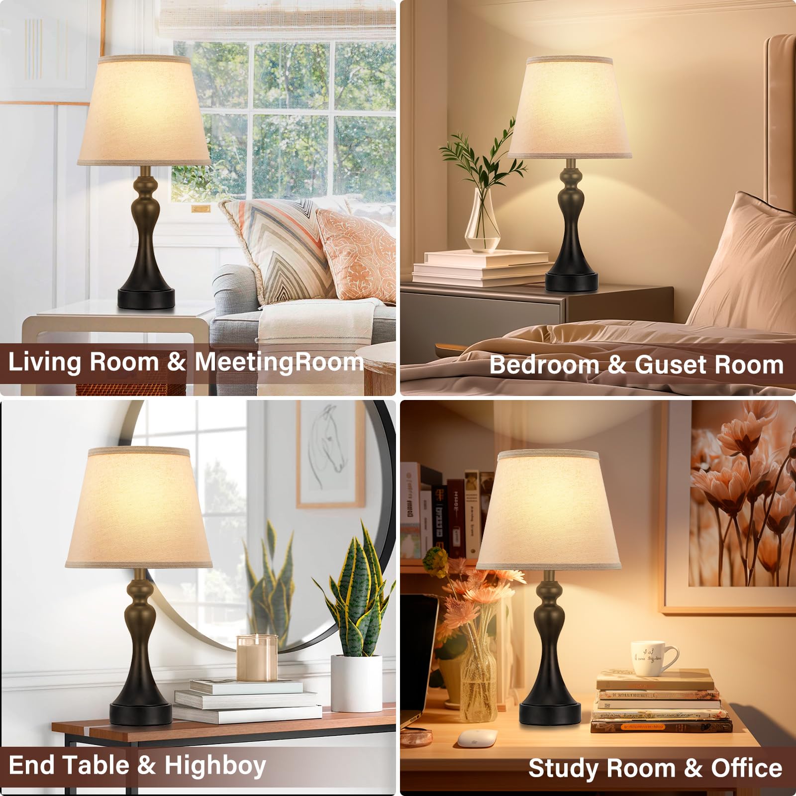 Seealle Touch Lamps Set of 2 - 3 Way Dimmable, USB C+A, Light Oat Shade & Black Base, LED Bulbs Included, Model 07021