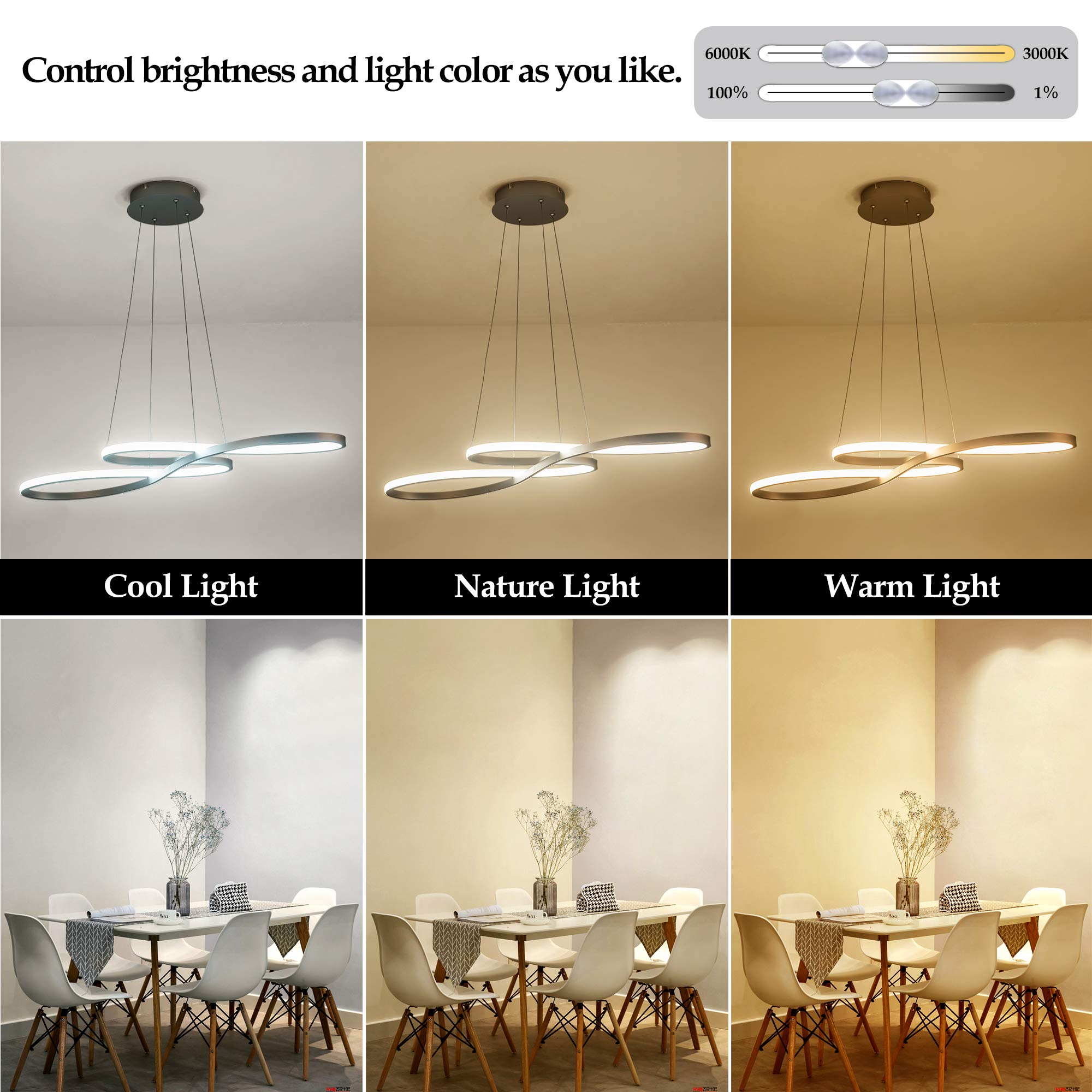 SUNMOO Modern LED Chandelier, Dimmable 60W, Remote Control, Adjustable Color/Brightness 3000-6000K, Silver, for Dining Room, Bedroom, Kitchen