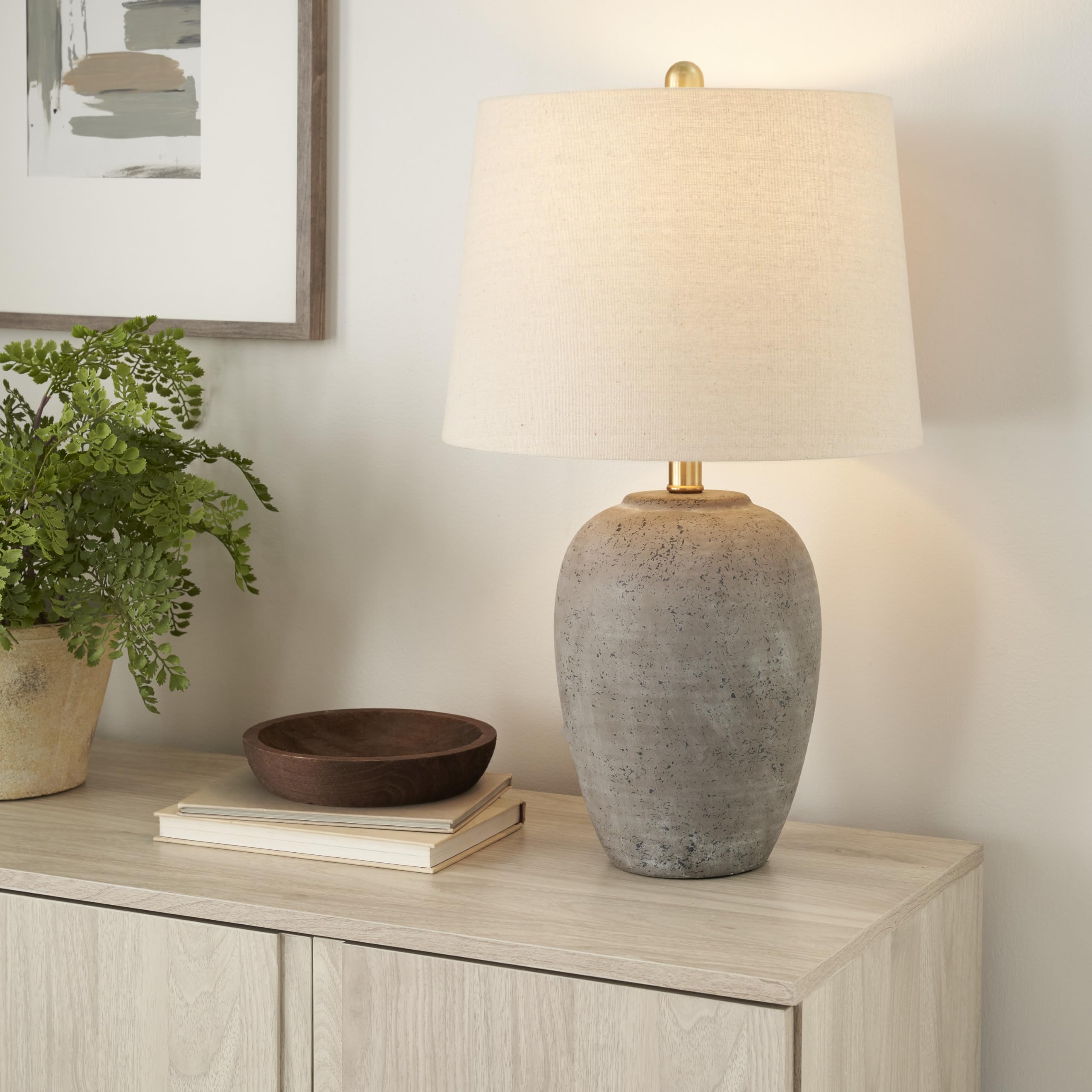 Nourison 23" Rustic Brown (Gray Undertones) Ceramic Pot Table Lamp For Bedroom, Living Room, Dining Office, Beige Shade